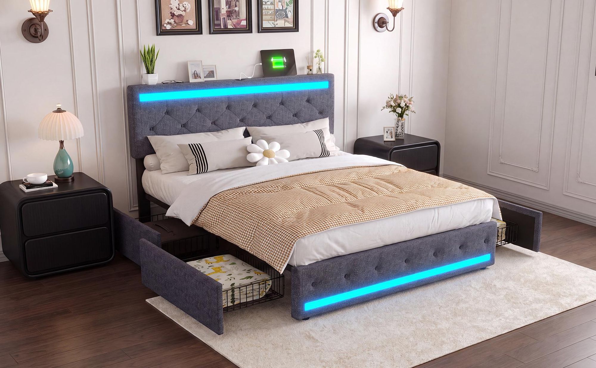 INONEFT Polsterbett 140x200 cm, Modern Boxspringbett mit LED und USB, Jugendbett mit 4 mit Stauraum Schubladen, Ohne Matratze, Leinen Dunkelgrau
