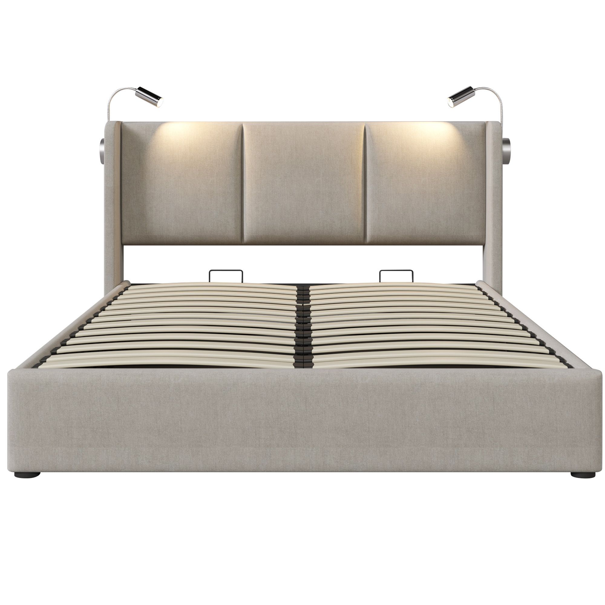 Flieks Polsterbett 160x200cm mit Lattenrost, Boxspringbett mit Leselichte und USB, Doppelbett Stauraumbett Funktionsbett, PU, Beige