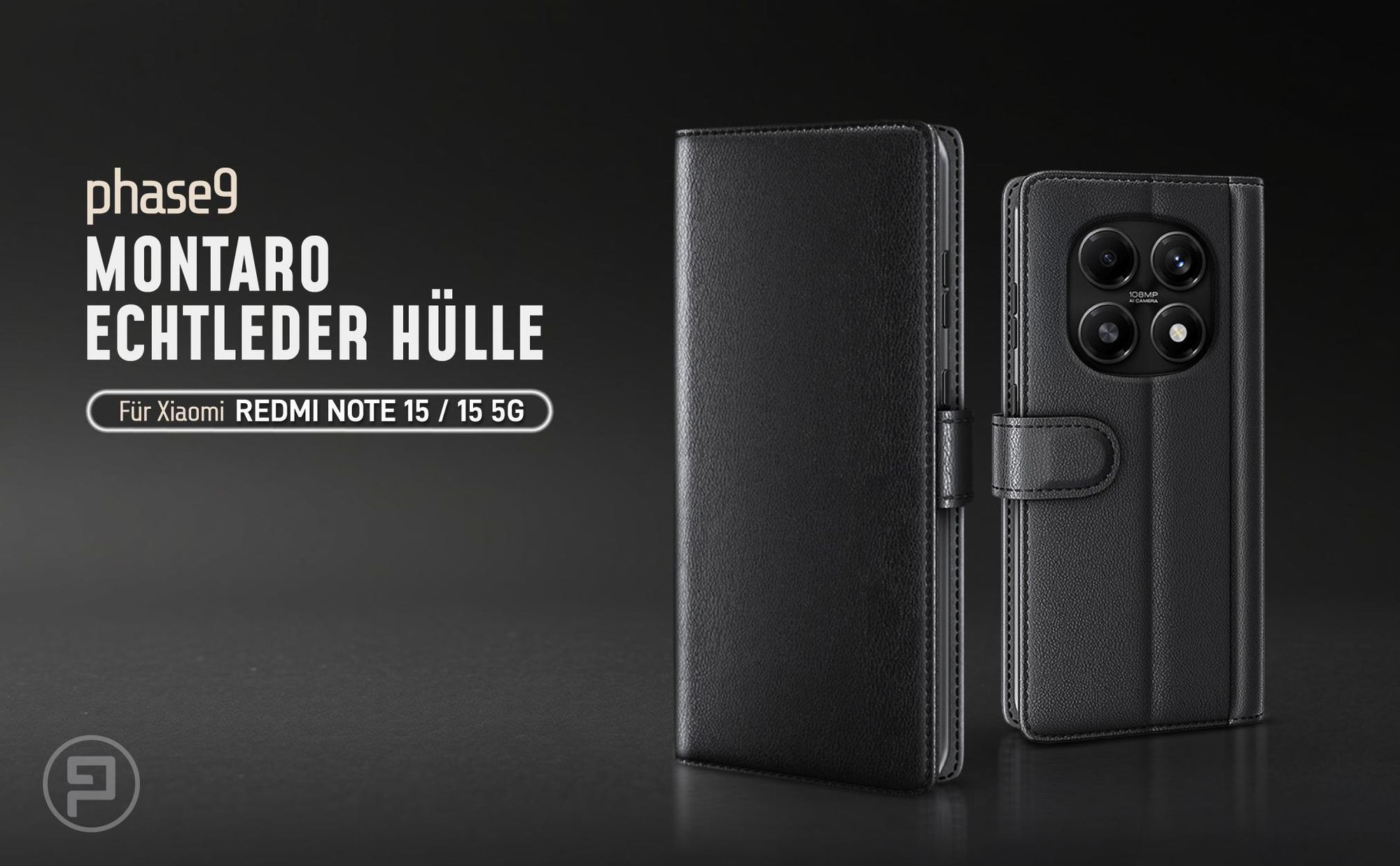 Schwarze Lederhülle für Xiaomi Redmi Note 15 / 15 5G mit Magnetschließe