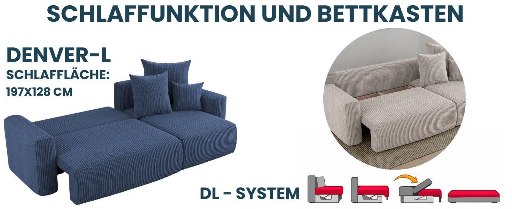 Ecksofa mit Schlaffunktion, ANTONIO DENVER - 238x142x73cm, Ottomane rechts/links, L-Form, Schlaffunktion & Bettkästen - Grün