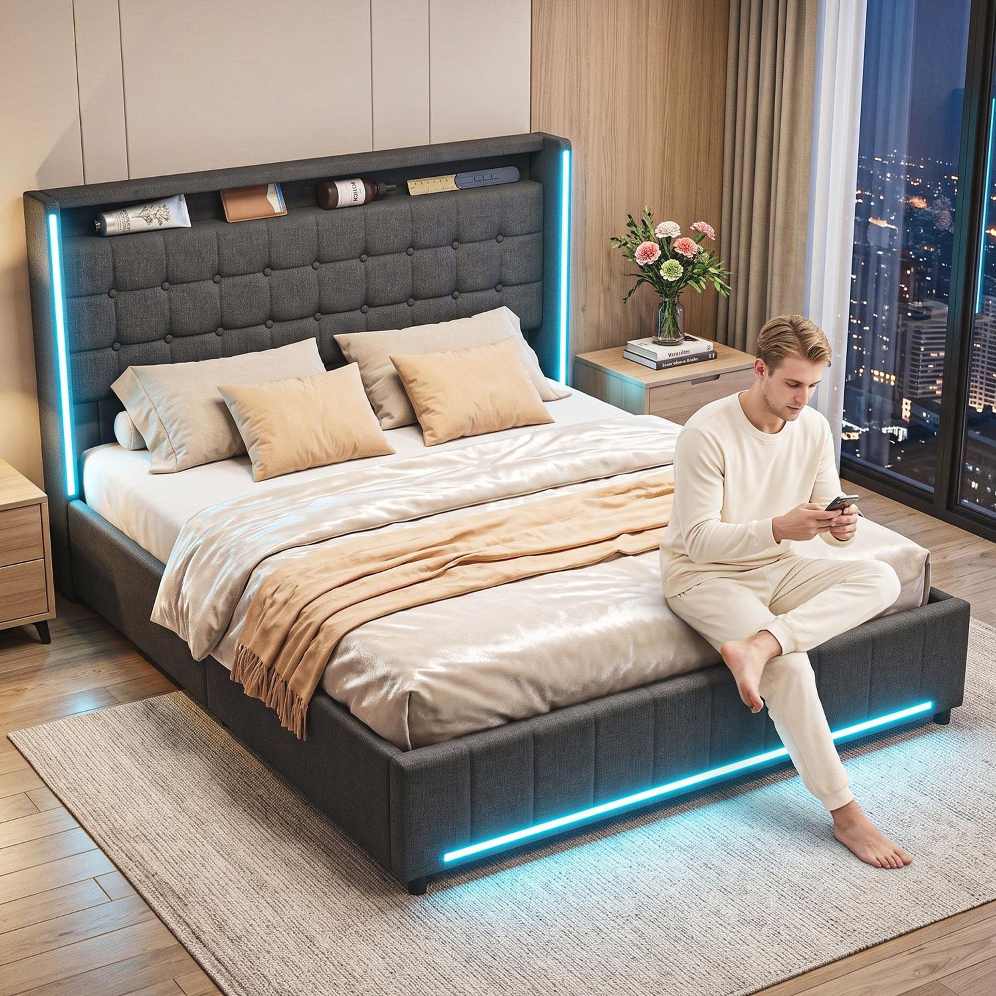 OYAJIA Polsterbett Stauraumbett mit LED Licht 140x200cm,Hydraulisch anhebbarer Doppelbett Mit Lattenrost, Leinenmaterial Polsterbettt,RGB Beleuchtung