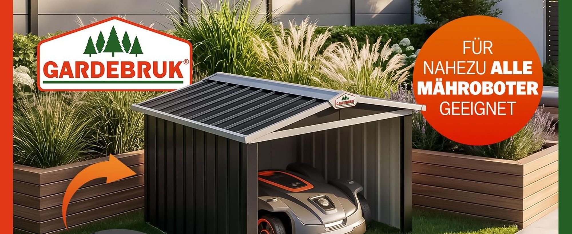 GARDEBRUK® Mähroboter Garage Metall Wetterbeständig Kabelführung 4x Erdanker Carport Rasen Garten, Farbe:Satteldach Anthrazit