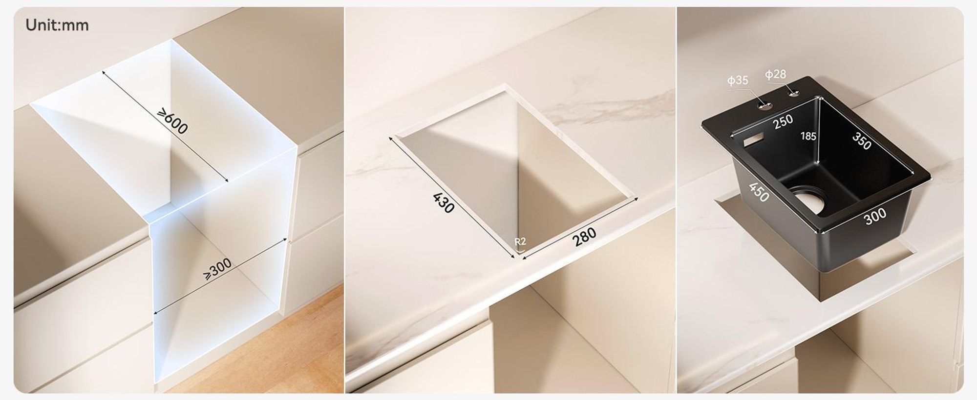 CECIPA max Granitspüle 30×45cm, Rechteckiges Spülbecken Küche Klein, Einzelbecken mit Ablaufset,  Moderne Einbauspüle Granit, Spülbecken Mini
