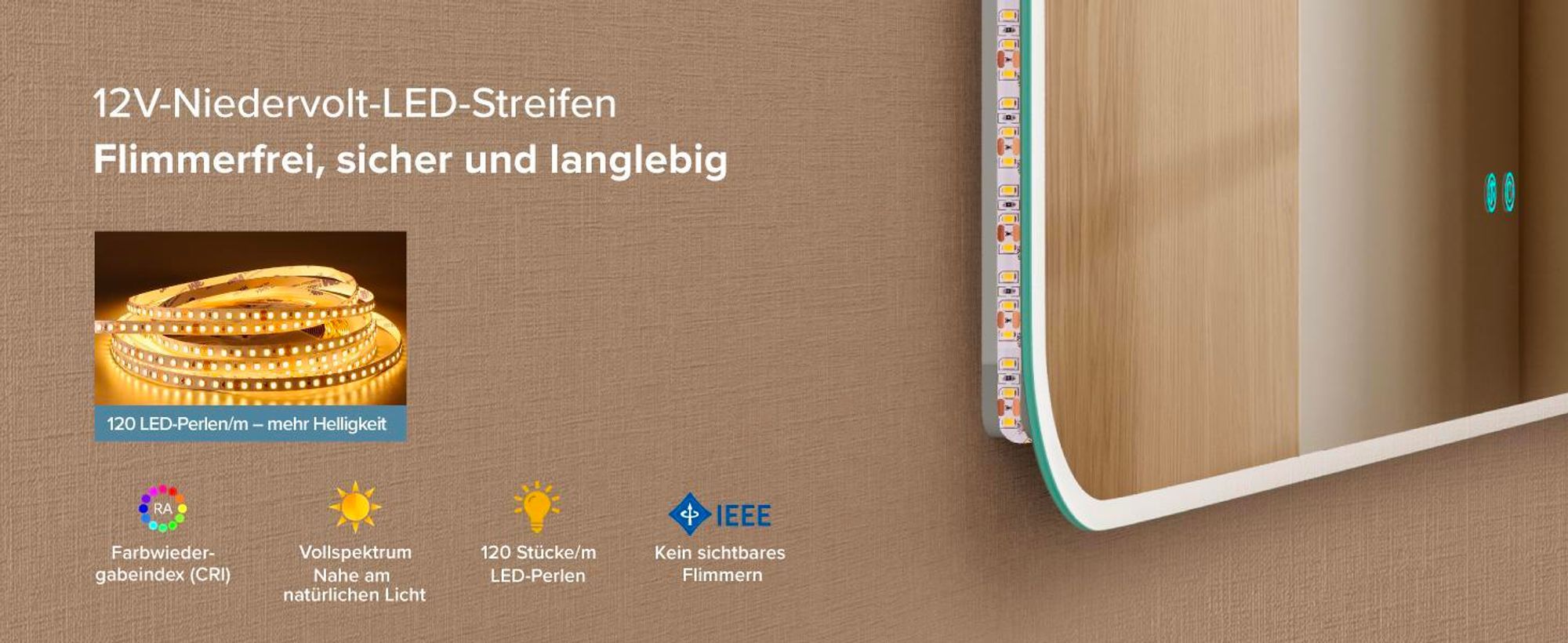 doporro Design LED-Spiegel Wandspiegel 120x80cm Badezimmerspiegel Beschlagfrei 5 mm Glas durch Antifog-Schicht  Nova-02