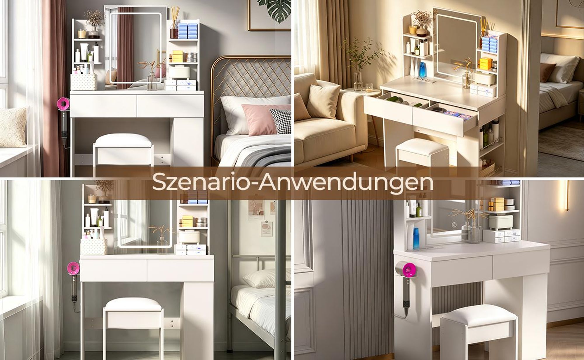 Schminktisch mit LED Beleuchtung Spiegel, einstellbare Helligkeit, Frisiertisch Kosmetiktisch mit 2 Schubladen, mit 1 Hocker