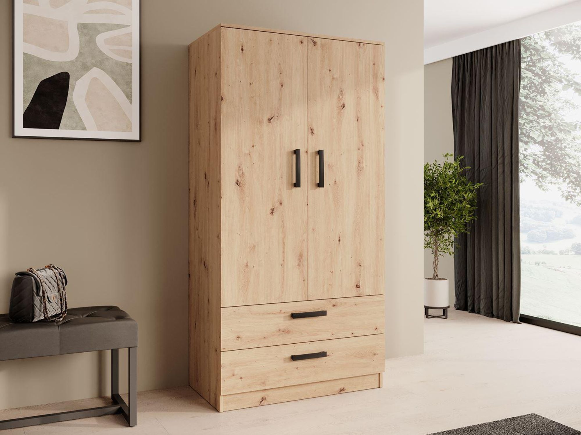 BEAUTYSOFA | Skříň s otočnými dveřmi TREND 90 cm Artisan, moderní skříň se zásuvkami, tyčí na ramínka a policemi – systém Soft-Close