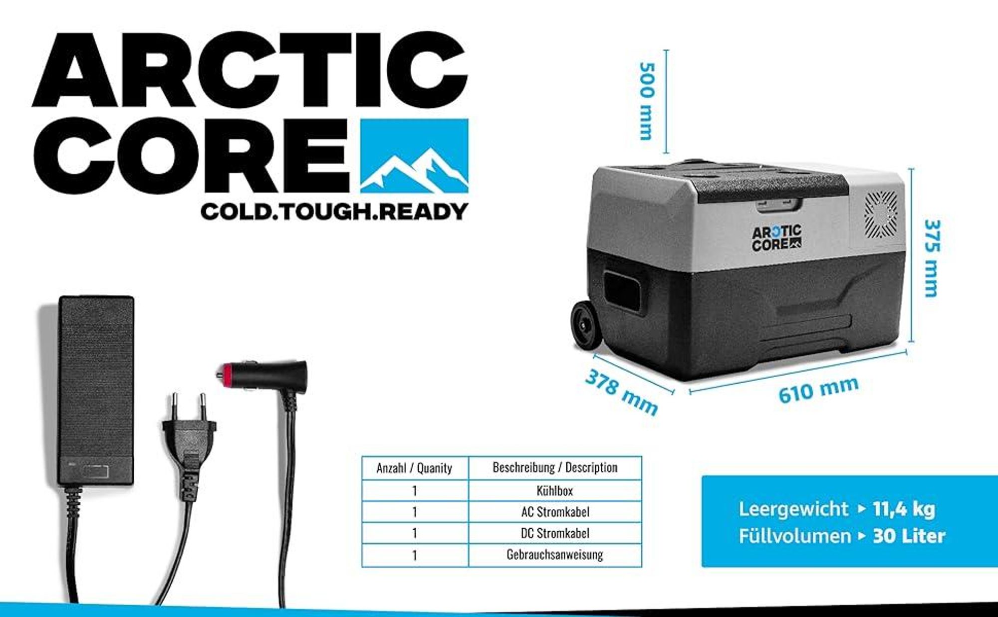 Belko® ArcticCore Kompressor Kühlbox 30L – elektrische Kühl- & Gefrierbox – 12/24V & 100–240V – tragbare Auto Camping Kühltruhe – grau