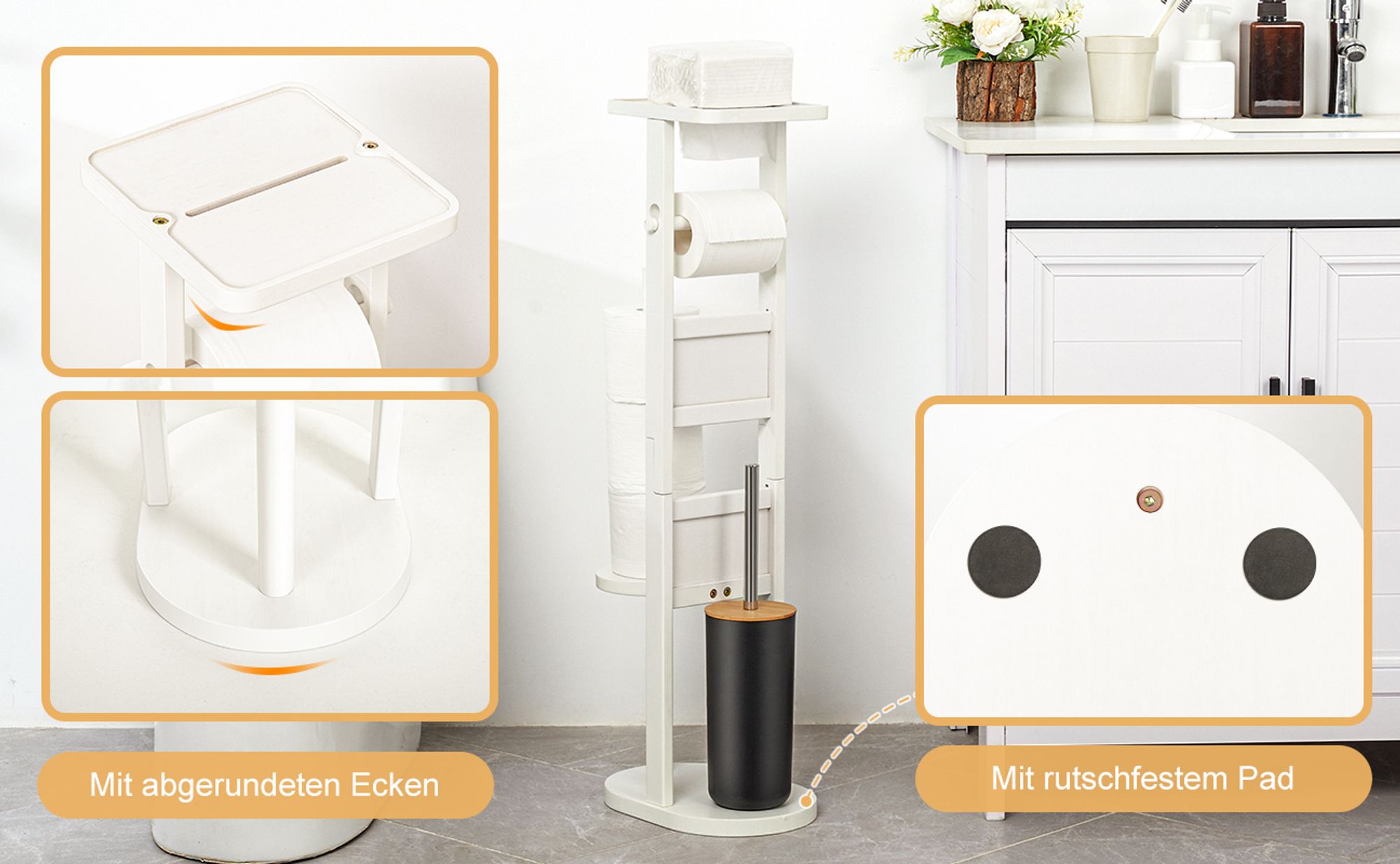 Yorbay Stand WC-Garnitur aus Bambus , mit Toilettenpapierhalter und WC-Bürstenhalter/Smartphone Ablage/Toilettenbürste/Klorollenhalter Weiß