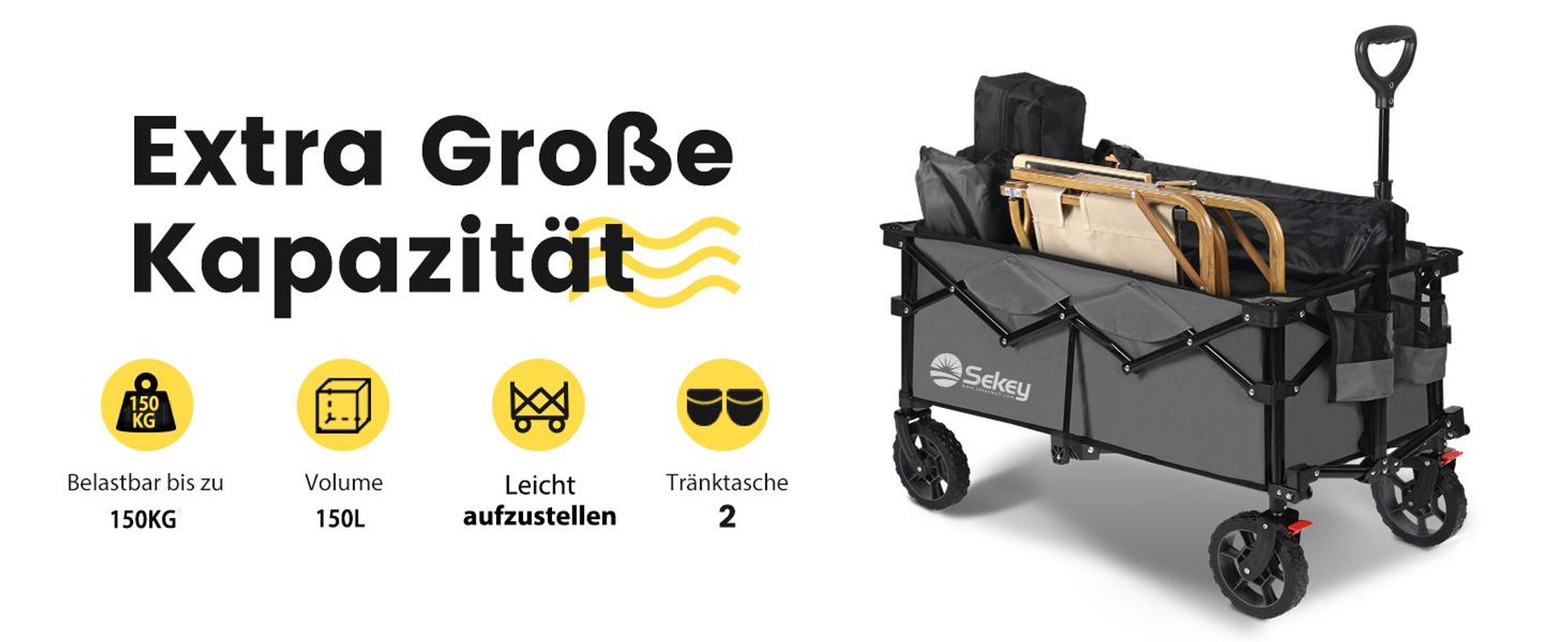 Sekey Bollerwagen faltbar 150 kg mit Bremsen, klappbarer Handwagen für Garten und Ausflug, Anthrazit