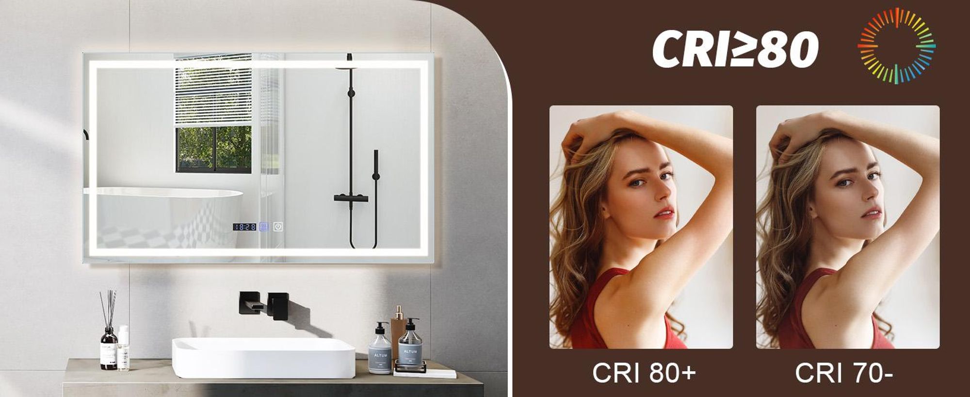 ZMH Badspiegel mit Beleuchtung 100x60cm Wandspiegel  IP44 mit Touch Uhr Entfogger Funktion Lichtspiegel Dimmbar 3000K-6500K