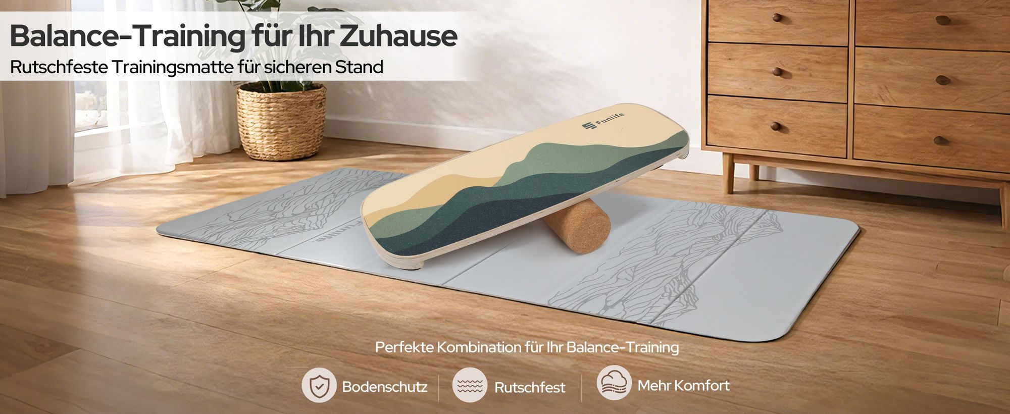 FunLife Balance Board aus Birkenholz mit Rolle ALPINE – Stabiler Gleichgewichtstrainer für Core Training, Fitness & Balance, Rutschfest & Langlebig