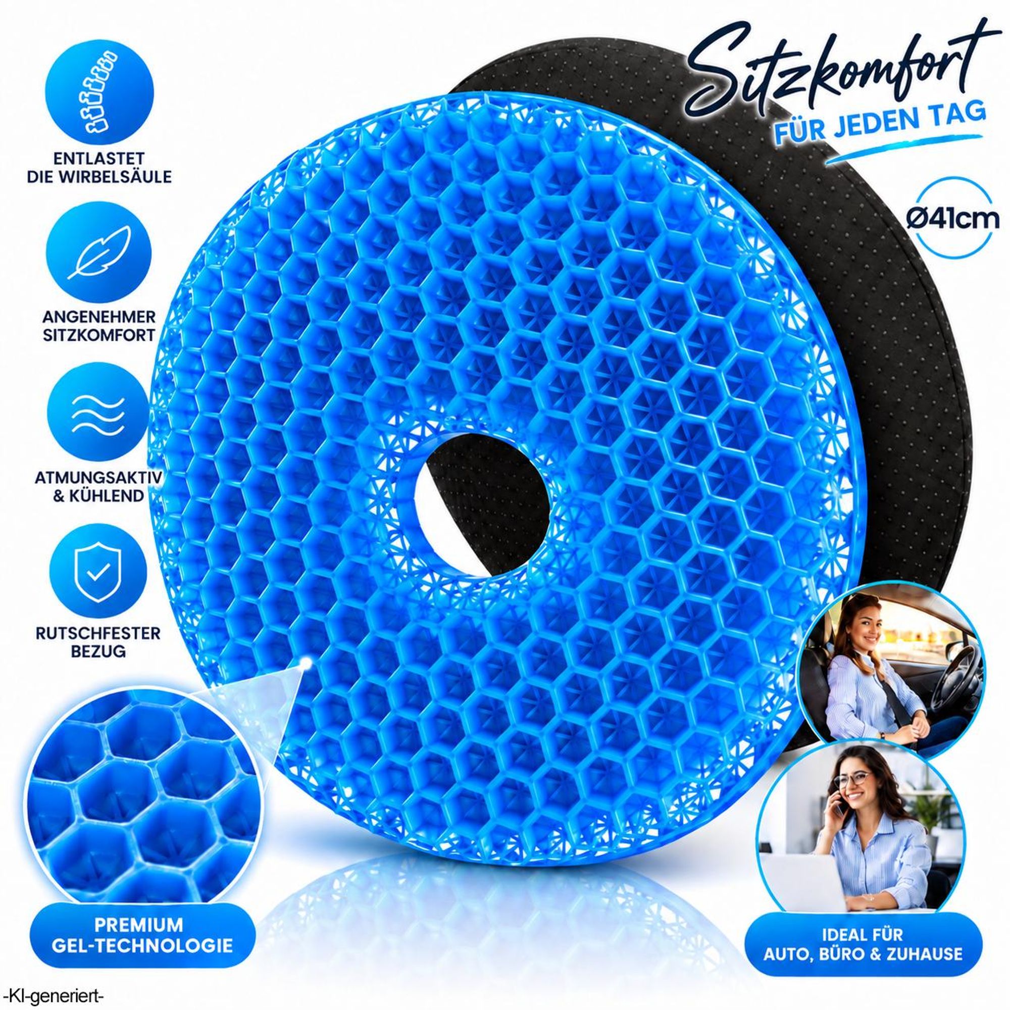 Gelkissen mit kühlender Gel-Schicht, Donut-Kissen für Steißbeinschmerzen, Autokissen, Sitzkissen, orthopädisch, Gesäßkissen für Hämorrhoiden