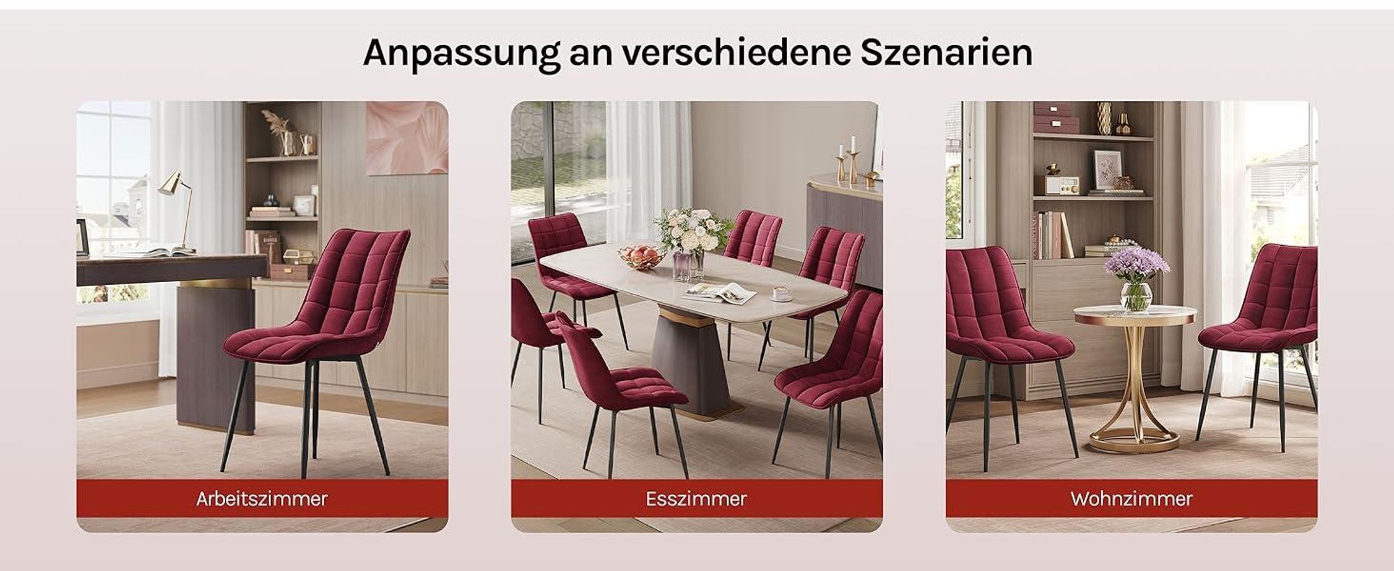 WOLTU Esszimmerstühle 4er-Set, Polsterstuhl mit Rückenlehne, bis 150 kg belastbar, Sitzfläche aus Samt, Metallbeine, Bordeaux