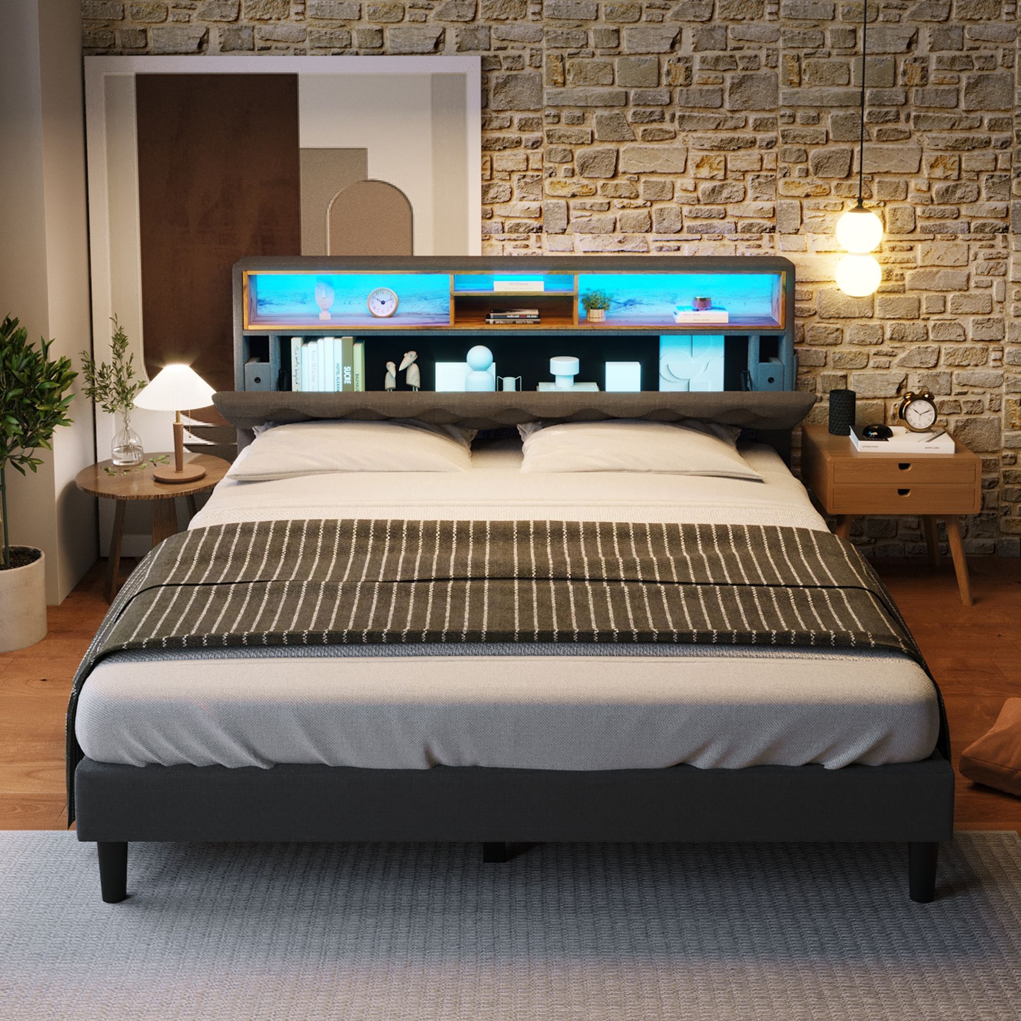 Flieks Polsterbett Massivholzbett 140x200cm mit Led und Kopfteil mit Stauraum, Doppelbett mit Lattenrost Jugendbett Ehebett