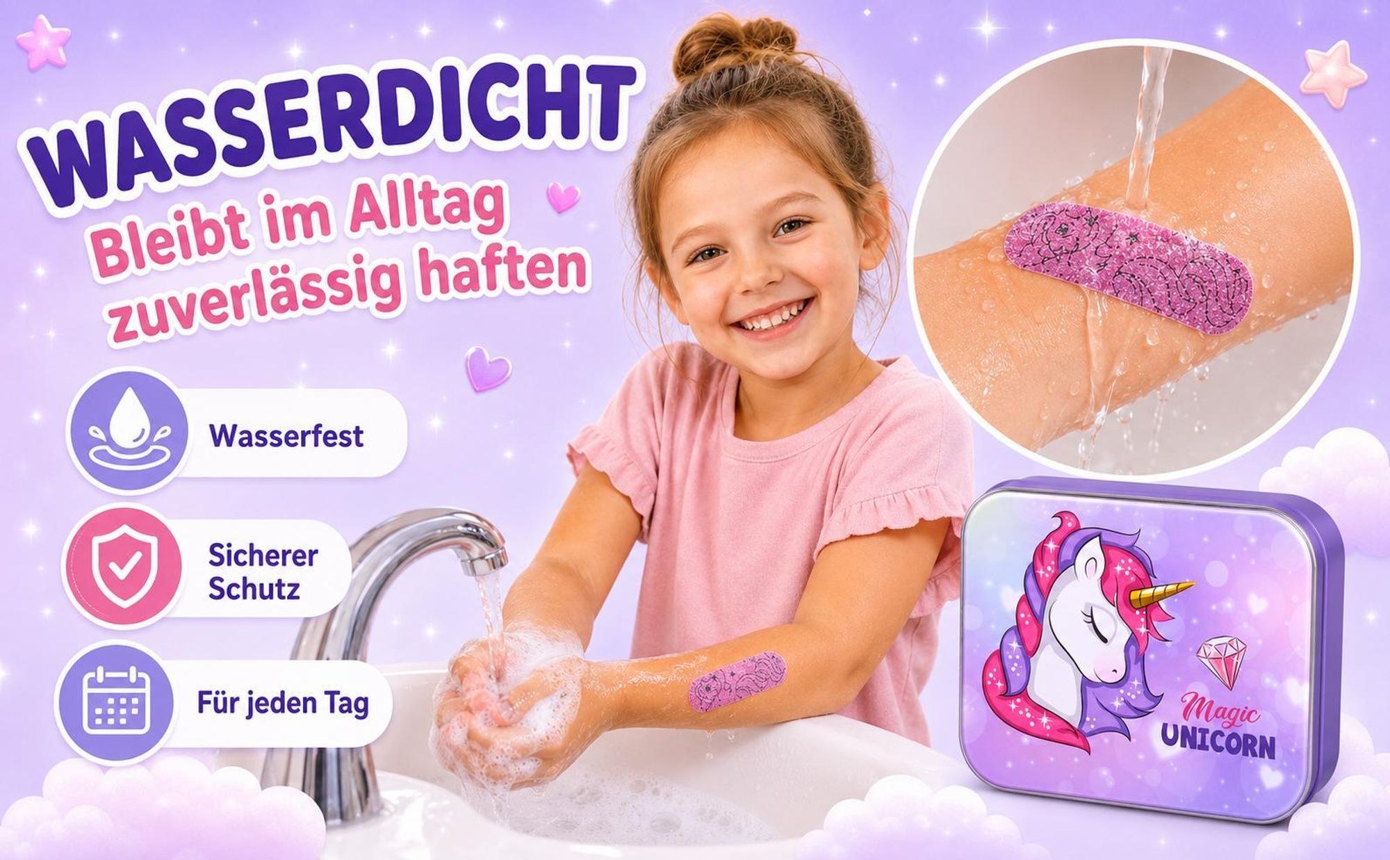 Unicorn Magic Kinderpflaster Lizensiertes Produkt - Metall-Box - 24 Pflaster - Schönes Design Pflaster Aufbewahrungsbox für Kinder - 1 Box
