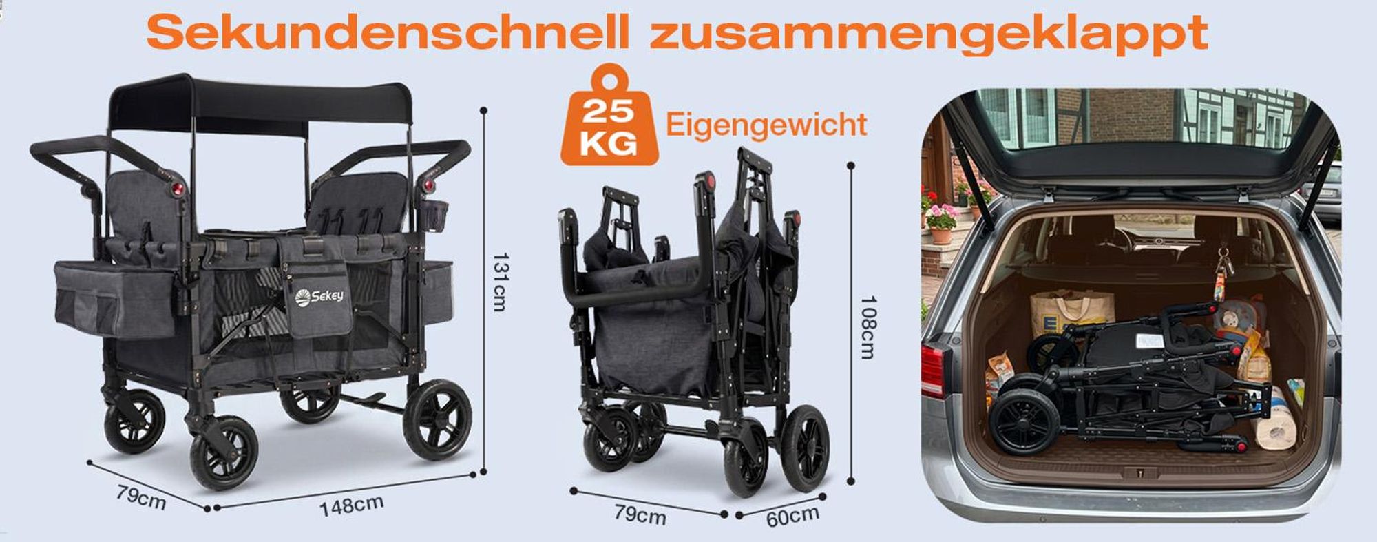 Sekey Faltbarer Bollerwagen mit Dach, Kinderwagen für 2-4 Kinder, 4 Sitzer Zwillingskinderwagen mit 4 integrierten 5-Punkt-Gurtsystem, Schwarz
