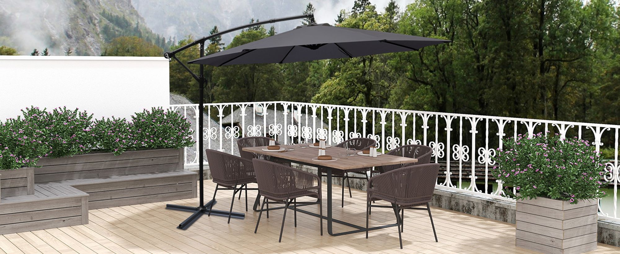 Puluomis Sonnenschirm verstellbare Ampelschirm mit Kurbel ohne Ständer, Ø300cm UPF 30+ Aluminiumrahmen Balkonschirm Strandschirm  Gartenschirm grau