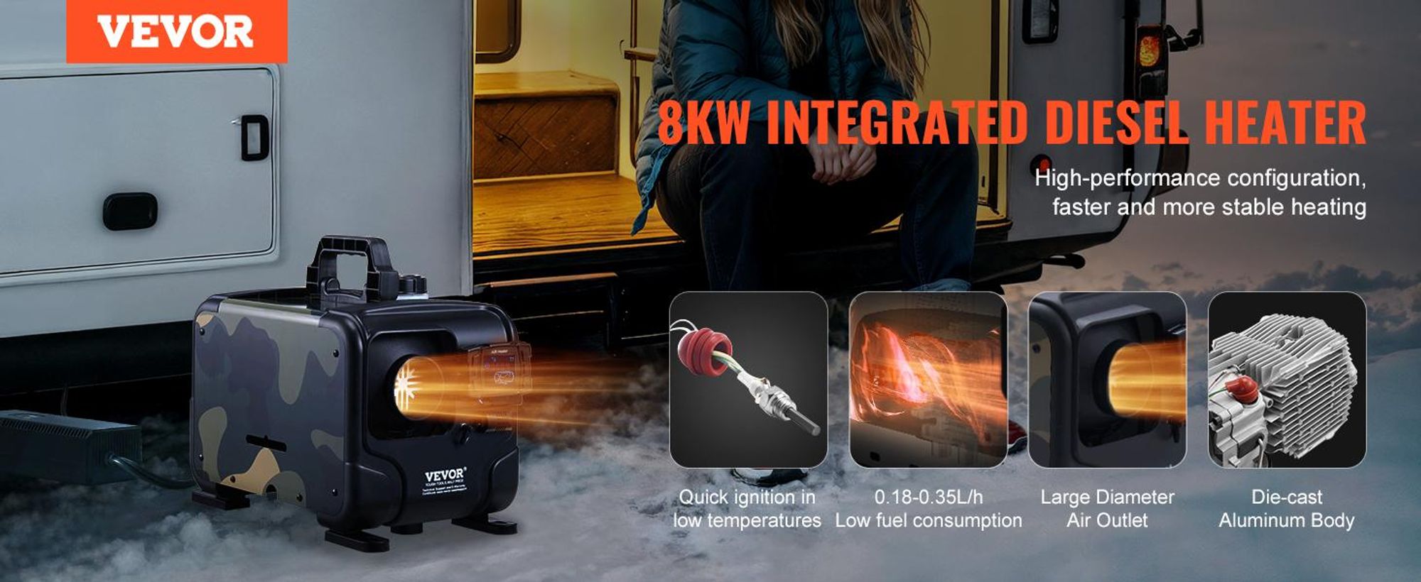 VEVOR 8 kW Diesel-Heizung, 12 V/24 V, All-in-One-Diesel-Lufterhitzer mit Bluetooth-App, Fernbedienung, Display und CO-Alarm, schnelles Aufheizen, horizontal, tragbar