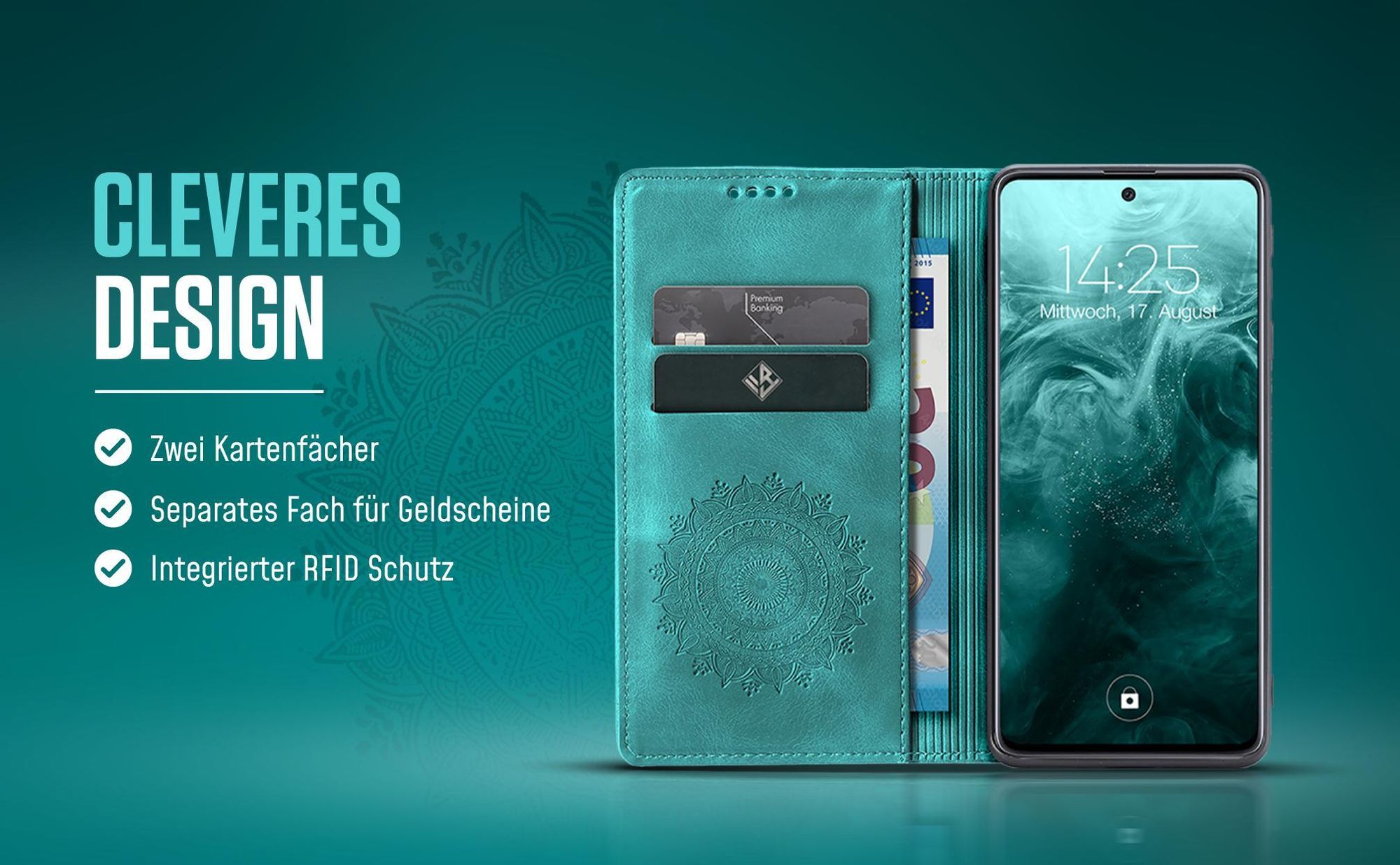 Handyhülle in Türkis für Samsung Galaxy A27 5G mit Kartenfächern und RFID Schutzschicht