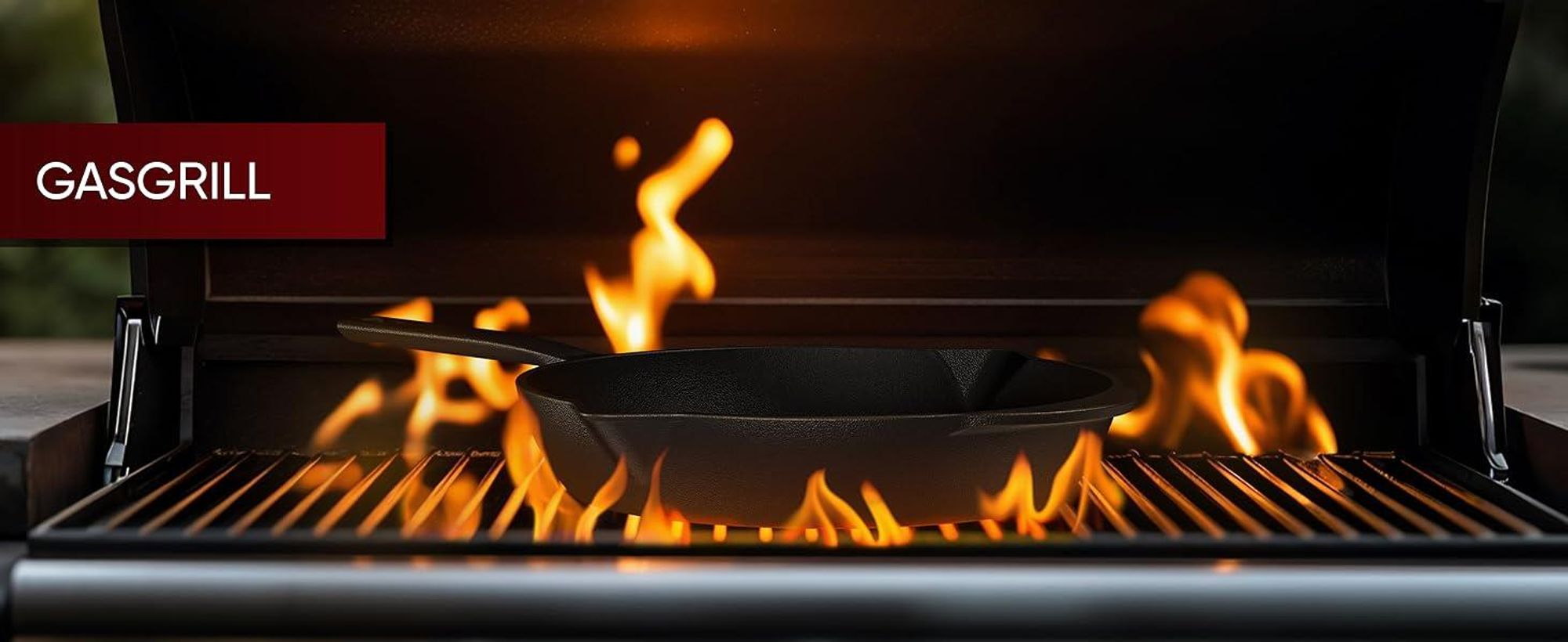 Gusseisenpfanne auf Gasgrill mit Flammen – ideal zum Braten & Schmoren im Freien.