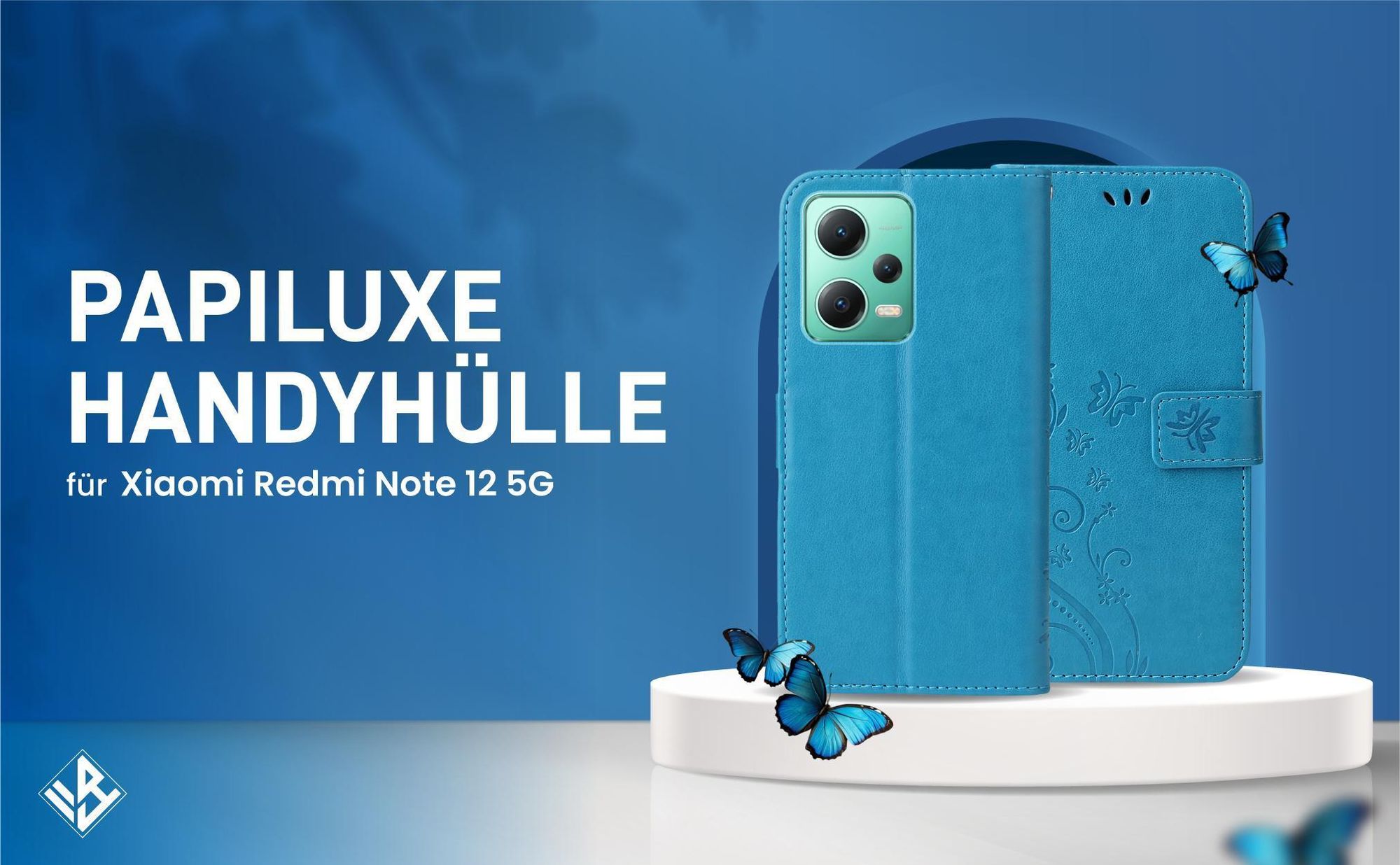 Blaue Klapphülle im Schmetterling Design für Xiaomi Redmi Note 12 5G mit Wallet-Funktion
