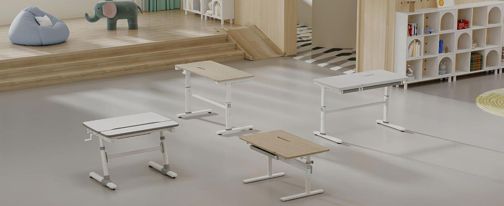 HOKO®Kinderschreibtisch höhenverstellbar 54-76 cm,  Ergo Schreibtisch für Kinder & Jugendliche, 120x60 cm, neigbare Tischplatte mit Schublade