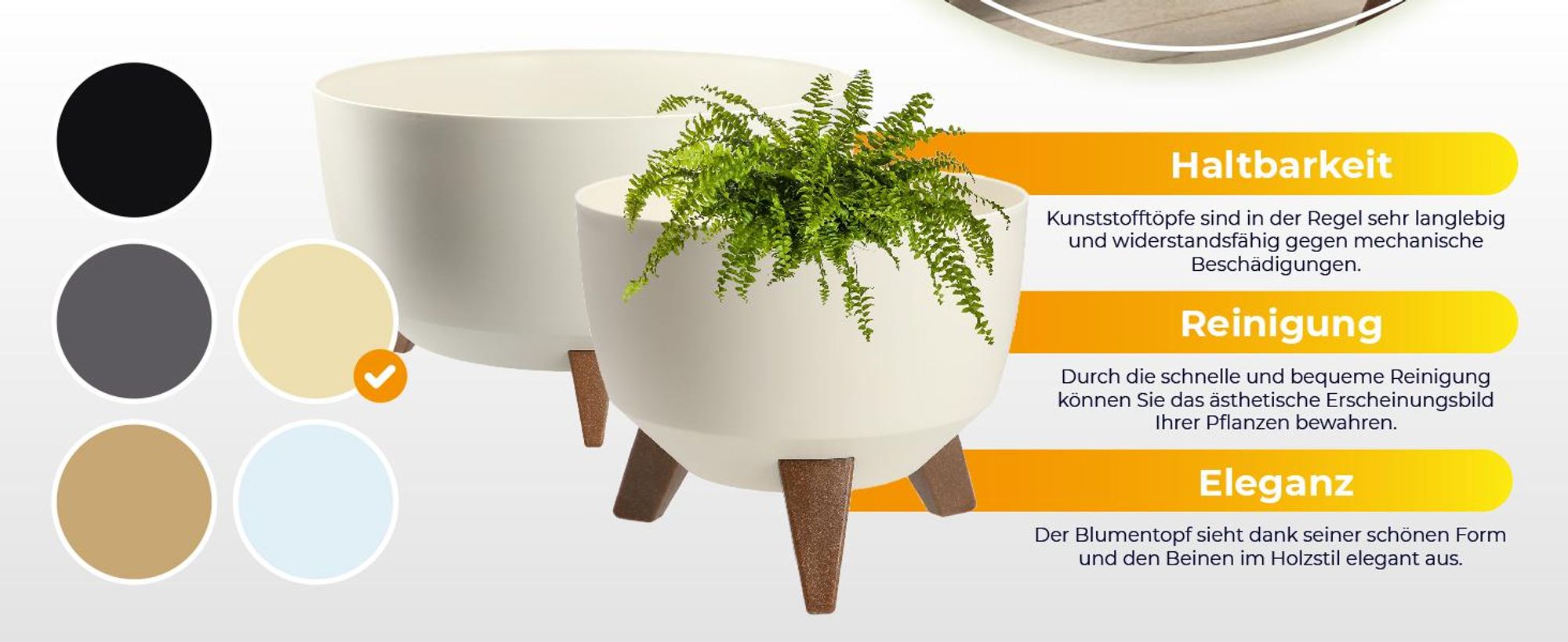 KADAX Kunststoff Blumentopf "Luri", Blumenkübel mit drei Einsteckstützen, Creme, 47 cm