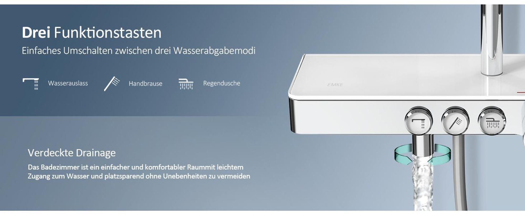 EMKE Duschsystem mit Thermostat 1146x450x480mm Glasablage Handbrause mit 3 Strahlarten Regendusche, Bad- & Duscharmaturen, KTW-, Chrom F10