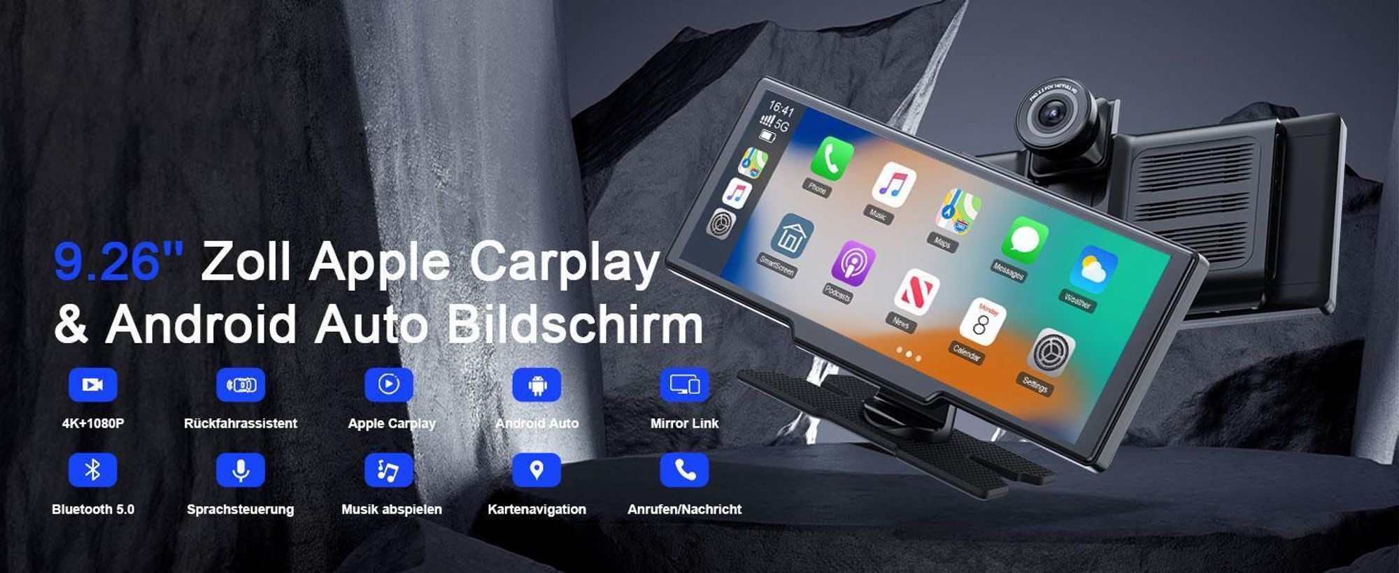 AVYLET 9,26 Zoll Universal Carplay Android Auto 4K Bluetooth mit SD-Karte Rückfahrkamera