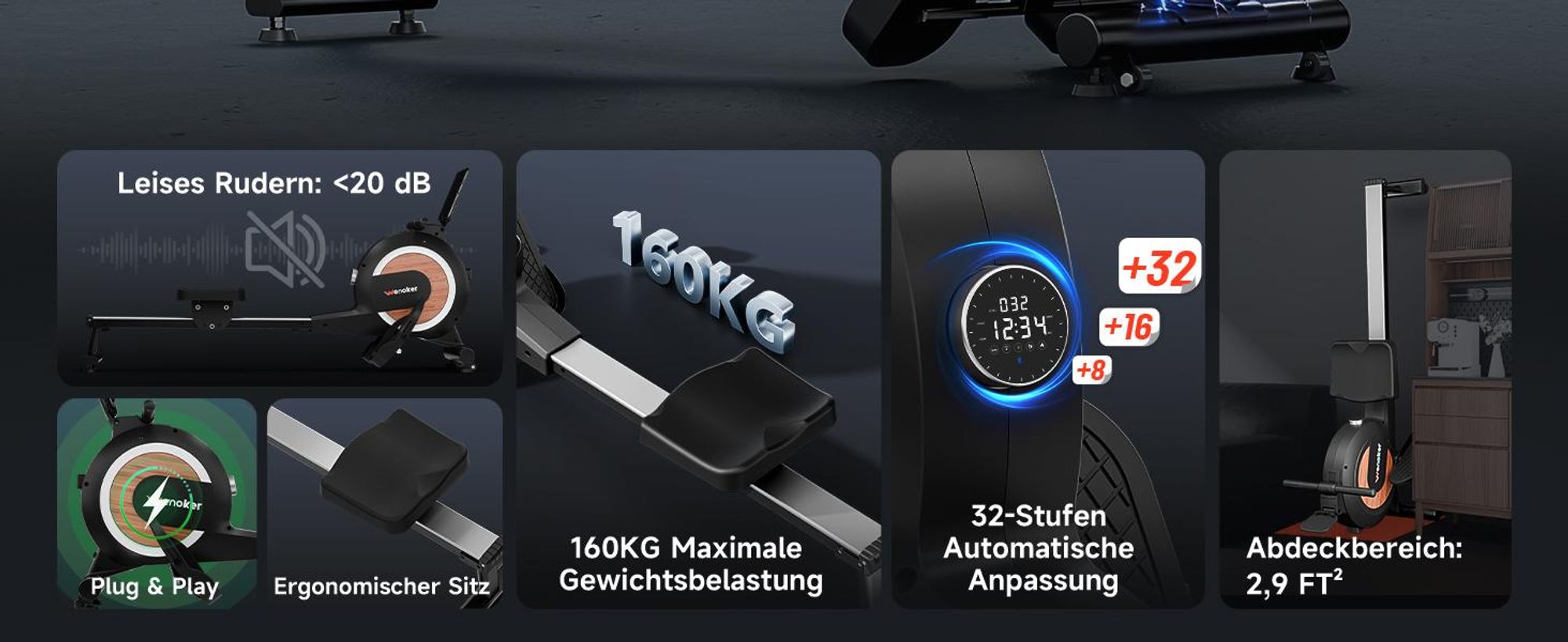 Wenoker Rudergerät für Zuhause, Magnetisches Rudergerät mit APP & LCD-Display, 32 Widerstandsstufen, 160 kg Belastbarkeit, Vertikal Verstaubar