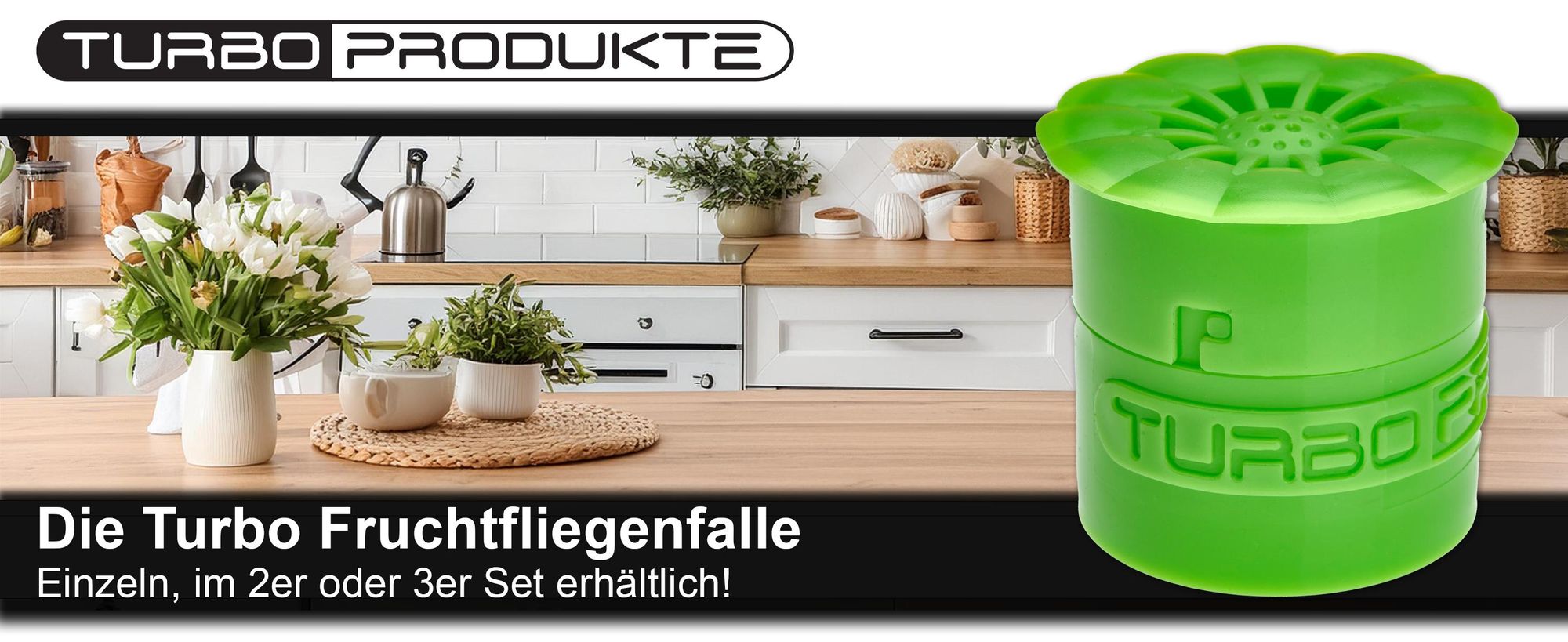 Turbo Frutchfliegenfalle einzeln, im 2er oder 3er Set erhältlich in einer Küche abgebildet.