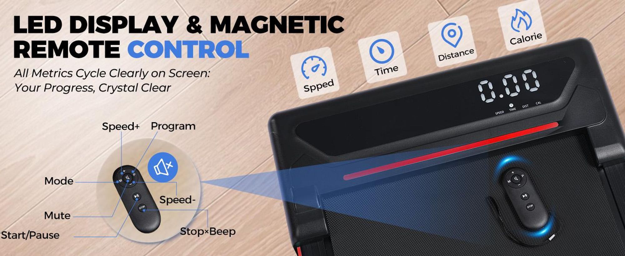 GTPLAYER Walking Pad, běžecký pás pro domácí skládání s LED displejem a dálkovým ovládáním, výškově nastavitelná opěrka, tichý běžecký pás 1-6km/h, 2,5 HP