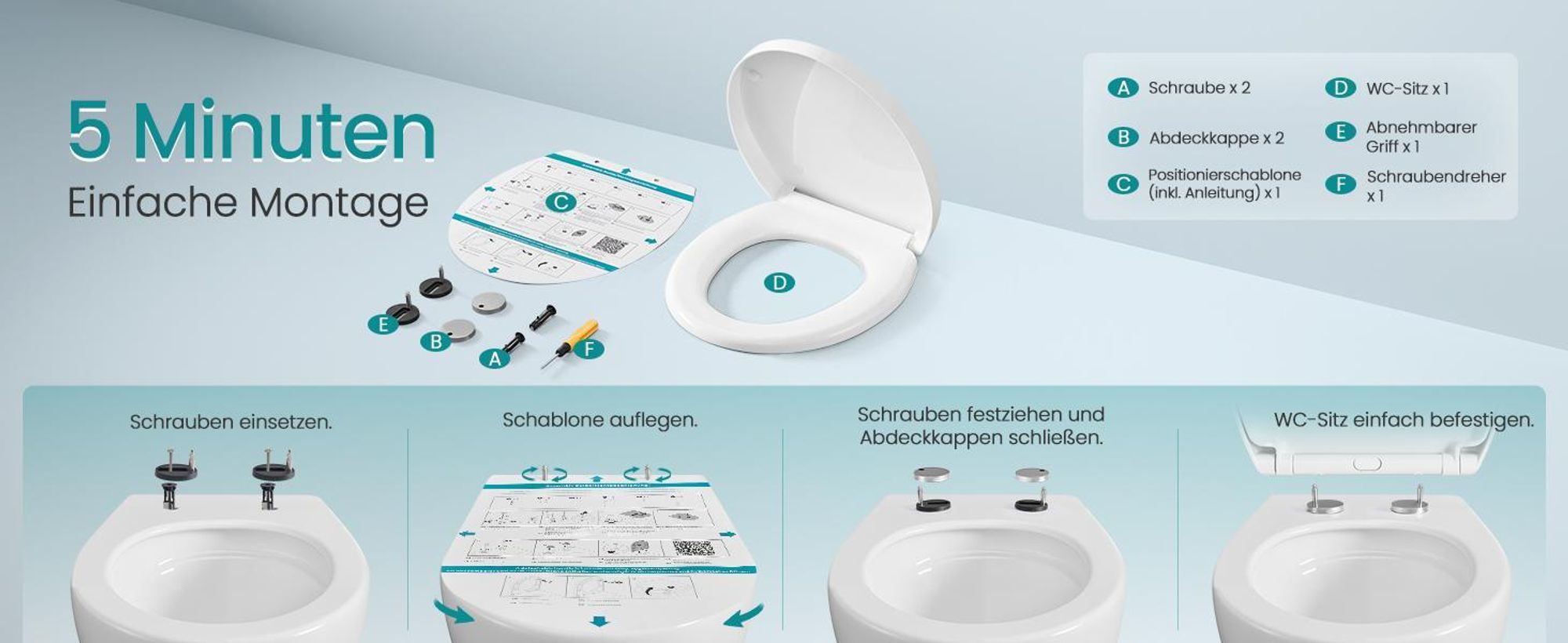 SONGMICS WC-Sitz lange D-Form, Absenkautomatik, Toilettendeckel, Griff, PP-Kunststoff, einfache Montage, bis 300 kg, weiß