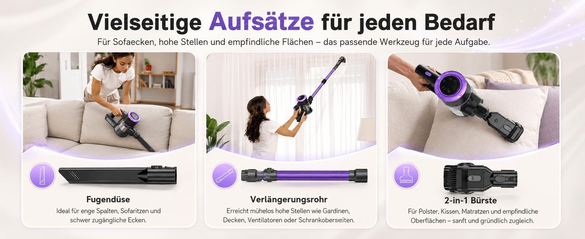 Akku Staubsauger, 500W/32000 Pa Staubsauger kabellos mit HEPA ,45 Min, kabelloser Staubsauger,Anti-Tangle-Staubsauger, Handstaubsauger für Tierhaare