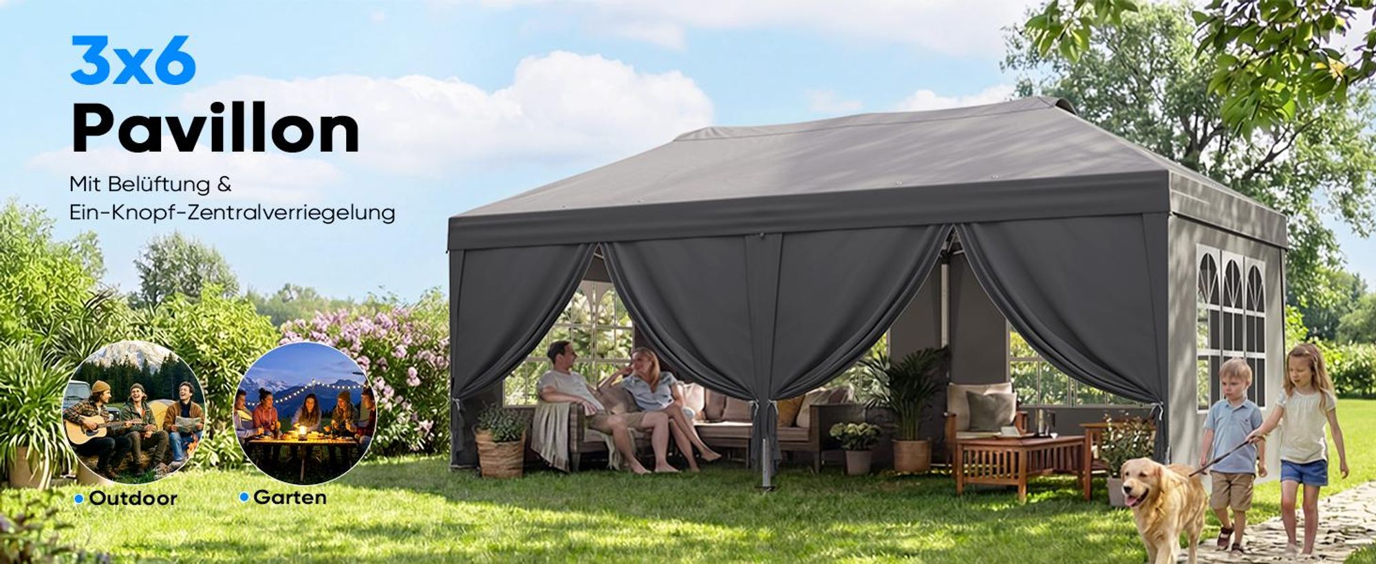 Quictent 3x6m Faltpavillon, Pavillon EIN-Tasten-Zentralverriegelung, faltbar mit 6 Seitenwänden, UV-beständig, Gartenpavillon mit Abflusslöchern ,Grau