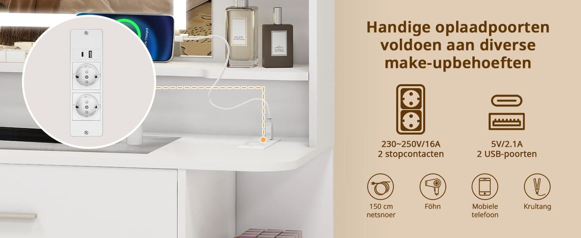 Puluomis make-uptafel met dimbare LED-verlichting, kaptafel met lade, föhnhouder, USB-poorten en stopcontacten, glazen blad, witte kruk met opbergruimte