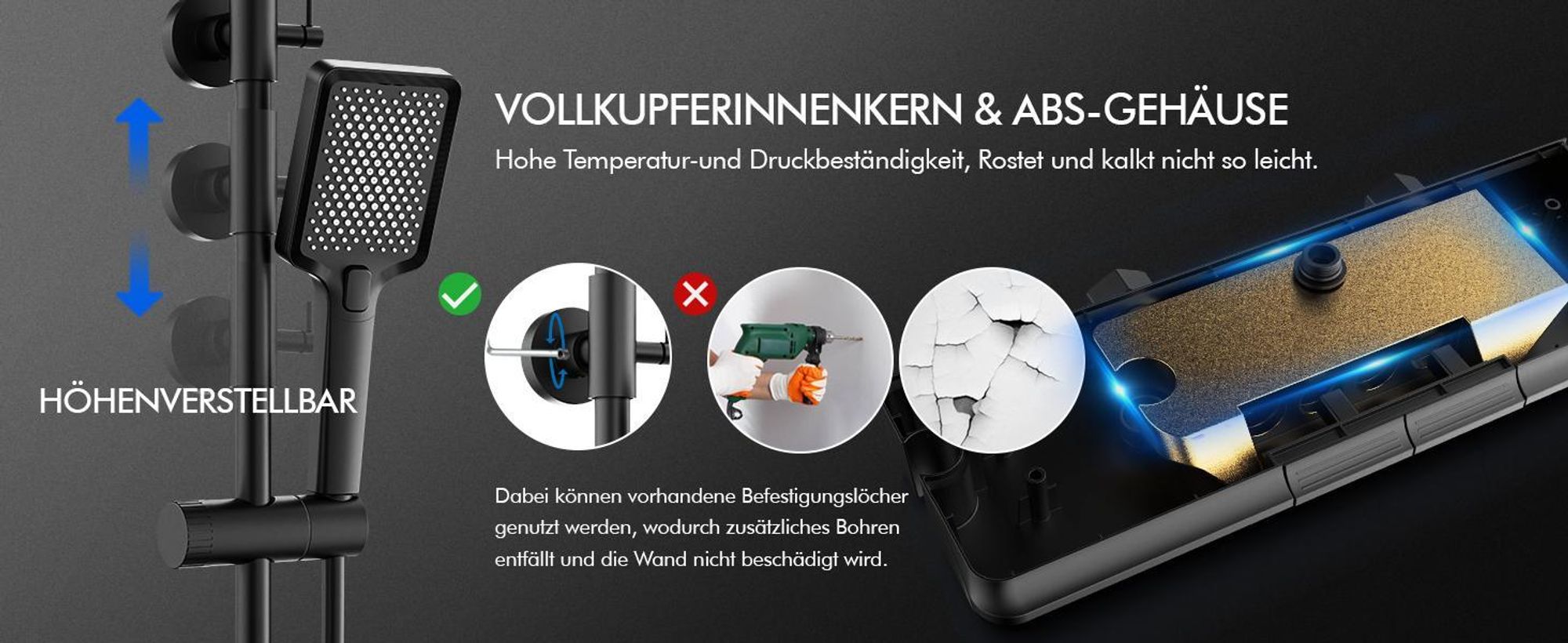 HOMELODY Duschsystem mit Thermostat und Glasablage Schwarz, 30x20cm Groß Kopfbrause, 3 Strahlarten Handbrause, Klavierknöpfen Duscharmatur Komplettset