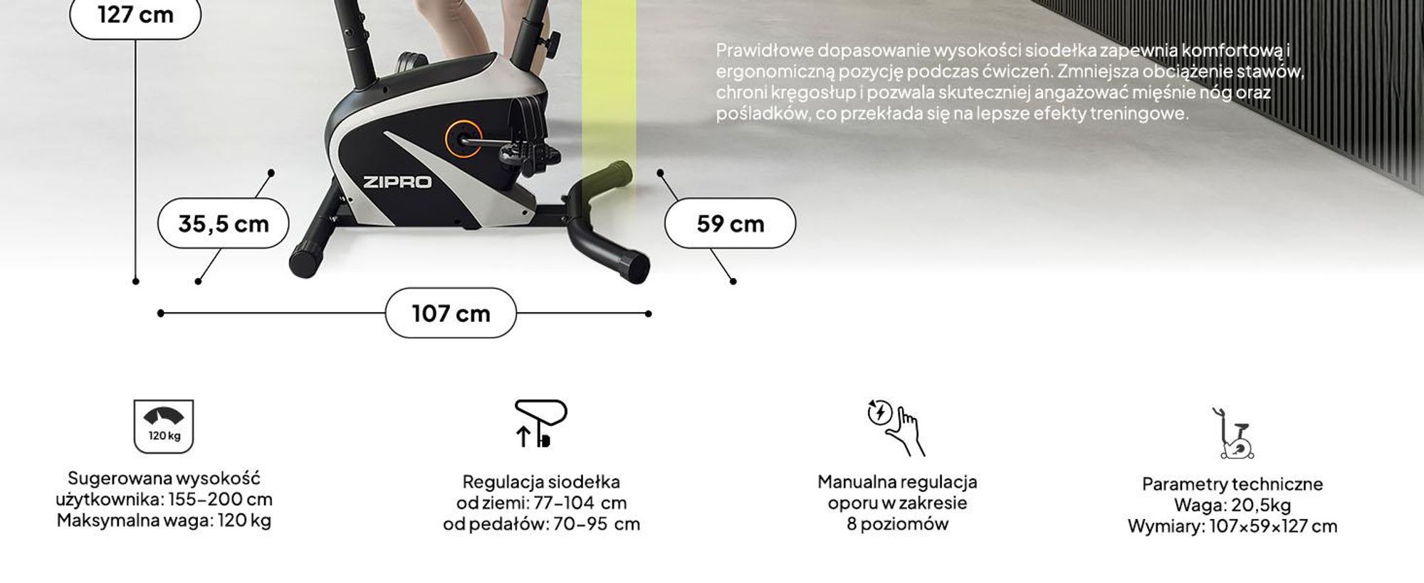 Rower treningowy Zipro Beat RS – magnetyczny rower fitness z masą obrotową 6 kg – cichy rower treningowy do 120 kg – pomiar tętna, uchwyt na butelkę