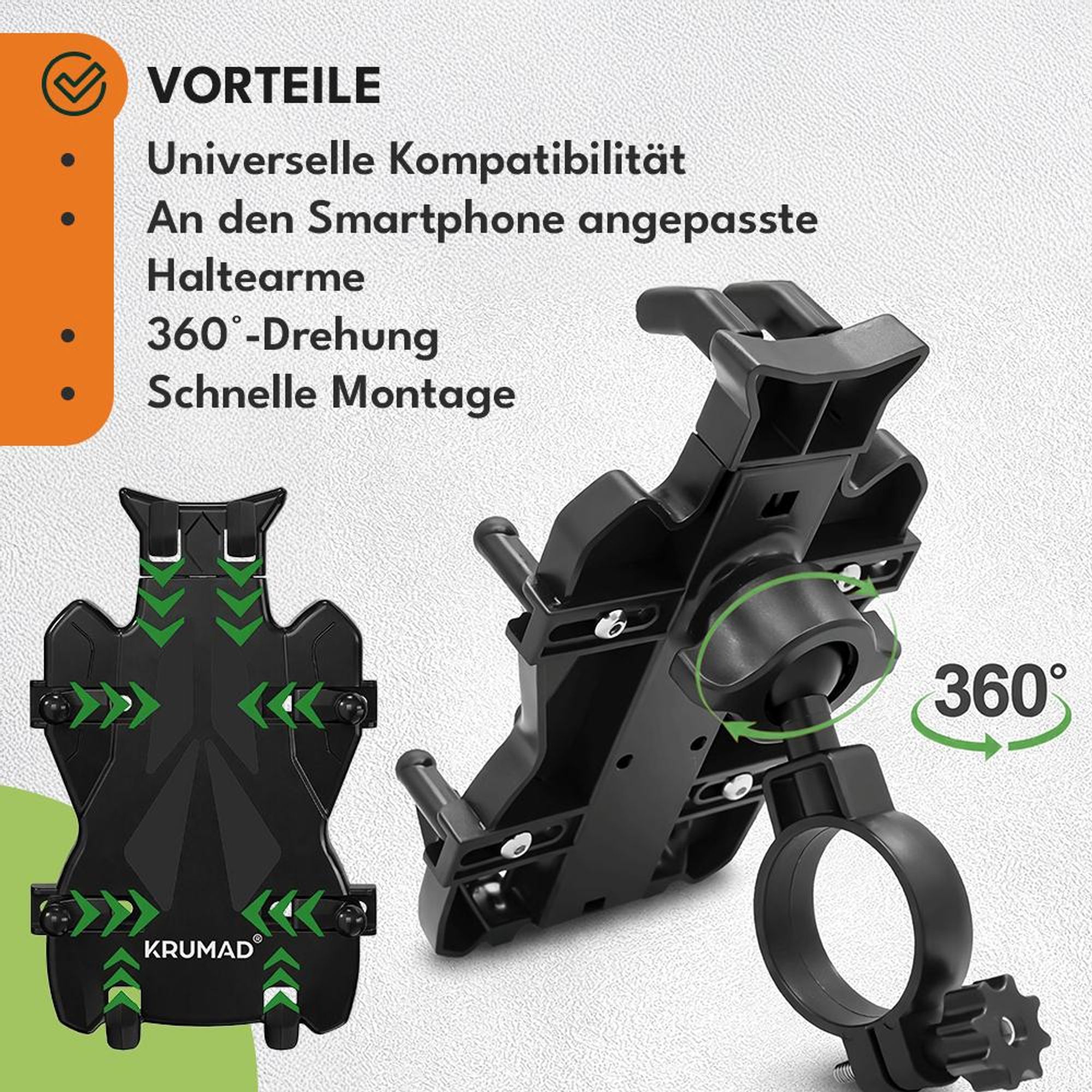KRUMAD Universal Handyhalterung Fahrrad & Motorrad – Stabile Smartphone Halterung für Lenker, 360° Drehbar, Ohne Werkzeug