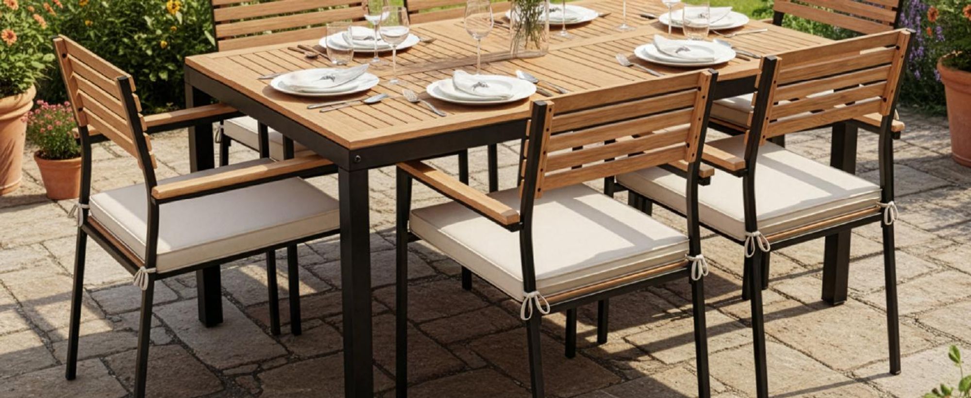 Juskys Akazienholz Gartengarnitur Rhodos - Tisch, 6 Stühle & Auflagen - Gartenmöbel Holz
