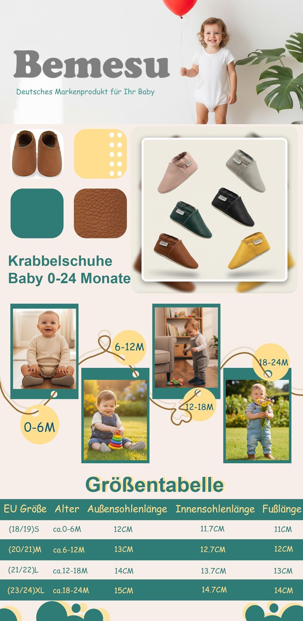 BEMESU® Baby Krabbelschuhe aus Echtleder, weiche Lauflernschuhe für Mädchen & Jungen, rutschfeste Ledersohle, Schwarz, Größe M (6–12 Monate)
