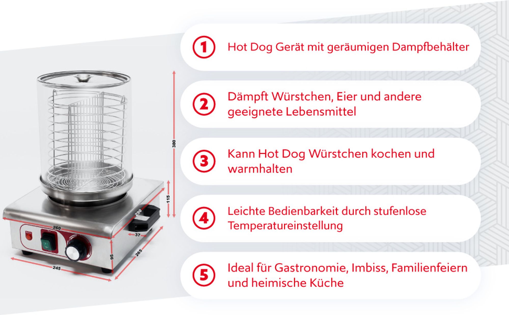 Wiltec Hot Dog Gerät 450 W aus Edelstahl, 260 x 290 x 380 mm, Wurstkocher Würstchenwärmer Hot Dog Maker Eierkocher Dämpfer