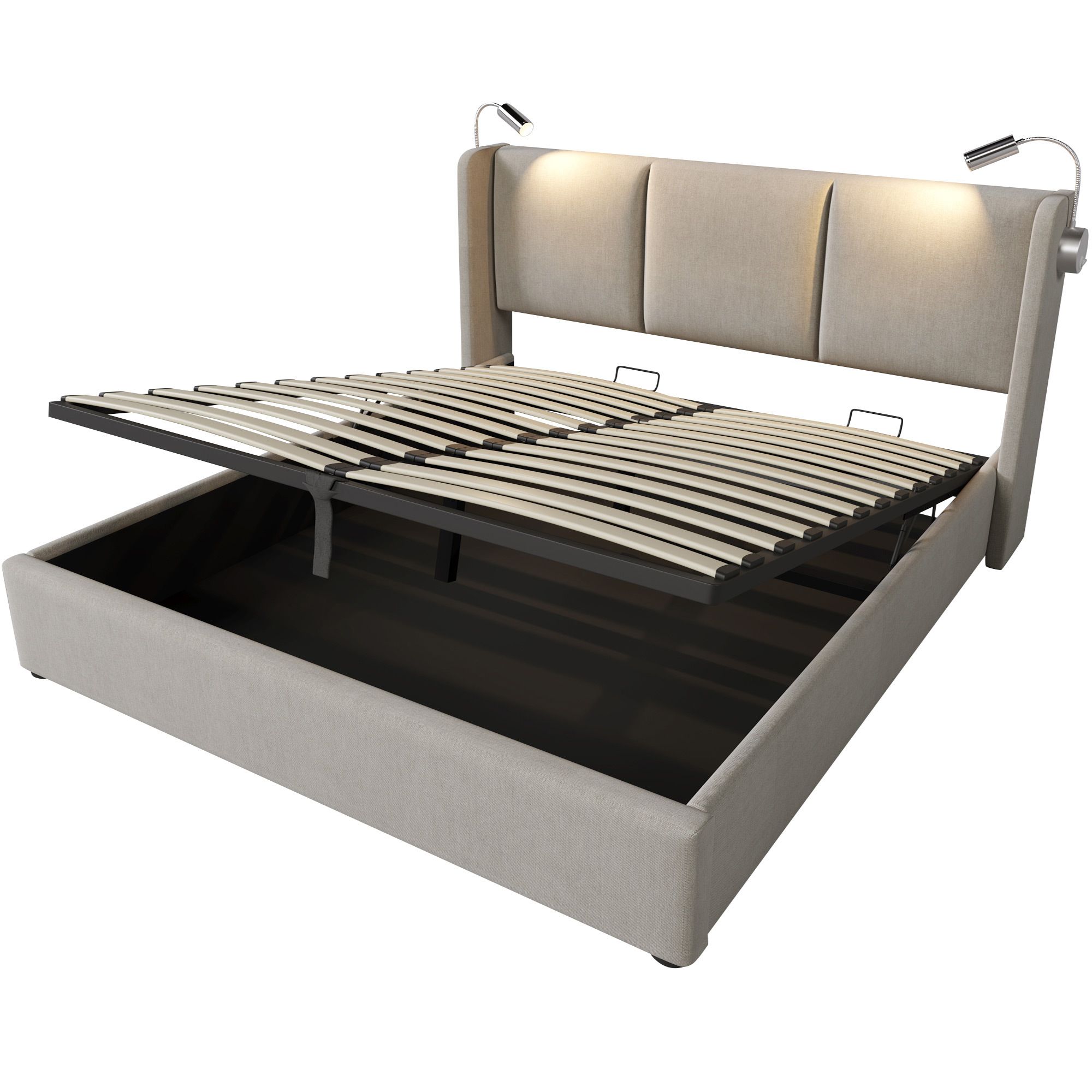 Flieks Polsterbett 160x200cm mit Lattenrost, Boxspringbett mit Leselichte und USB, Doppelbett Stauraumbett Funktionsbett, PU, Beige