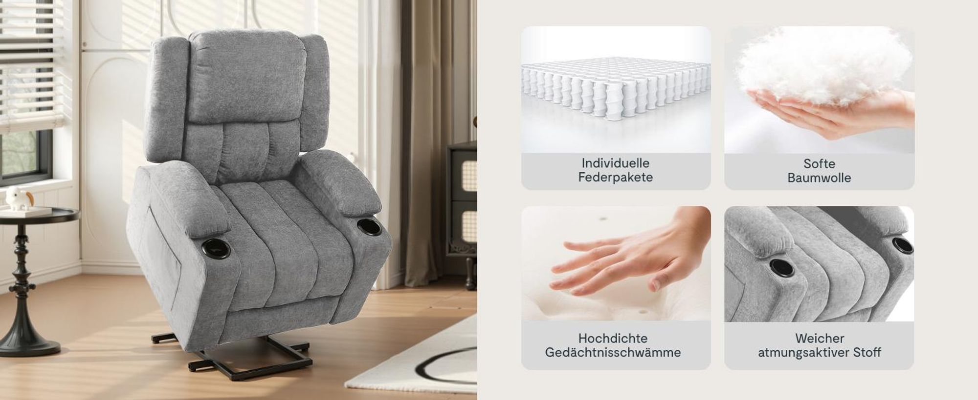 FLEXISPOT XL6 Elektrischer Massagesessel mit Aufstehhilfe, Heizfunktion, USB-Anschluss, 105°-165° verstellbar, belastbar bis 200 kg (Hellgrau)