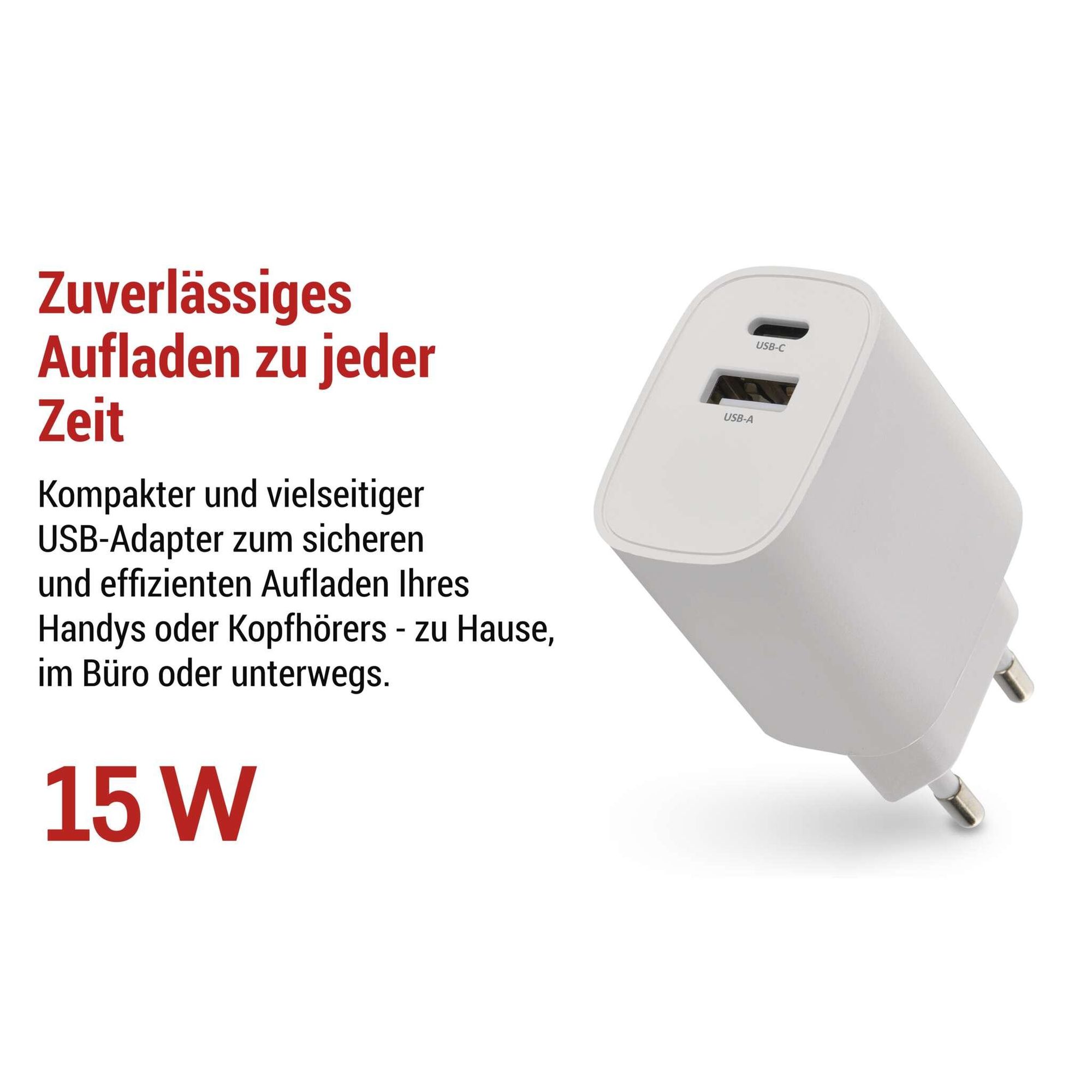 EMOS USB-C+A Ladegerät 15Watt, USB Netzteil ohne Kabel, USB-C und A-Typ, für Smartphone, iPhone, aufladbare Geräte, 5 V / 3 A, Weiß, V02B15
