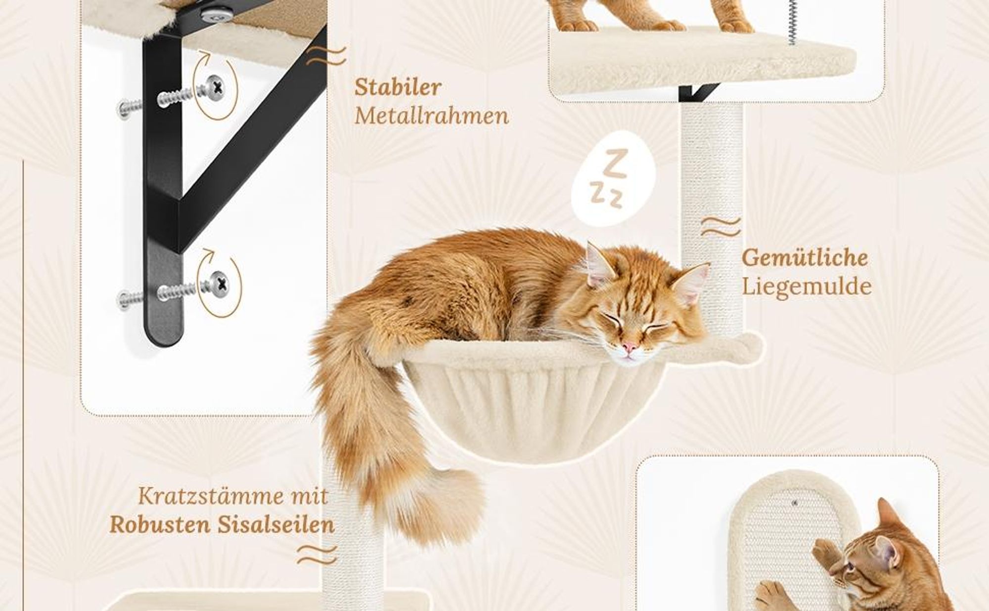 Yaheetech Katzen Kletterwand, 4er Set, inkl. Katzenhöhle Katzenliege Plattformen Kratzbrett & Katzenkorb, Beige