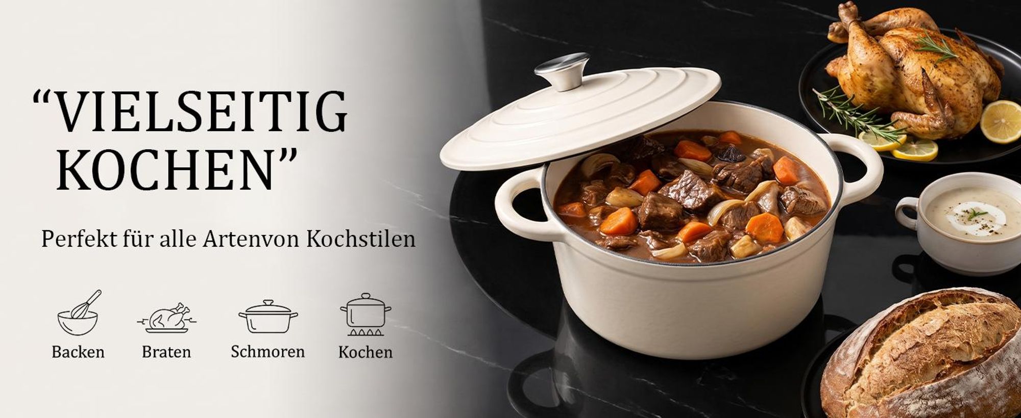 Gusseisen Topf Brot Backen- Hochwertiger Emaillierter Topf 26cm - Idealer gusseiserner Brottopf zum Backen, Gusseisentopf mit Deckel
