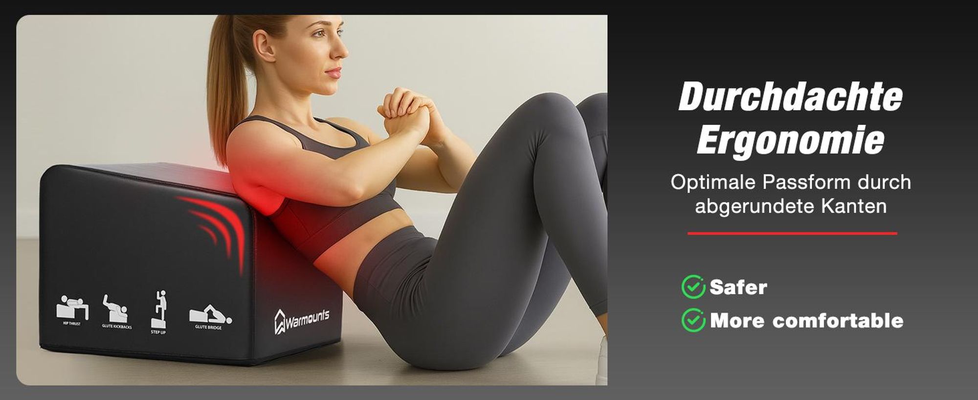 WARMOUNTS Hip Thrust Bank 317kg Belastbar Glute Bridge Box Krafttraining Home Gym Rutschfest mit Griff, Größe M 44,7x39,9x35cm