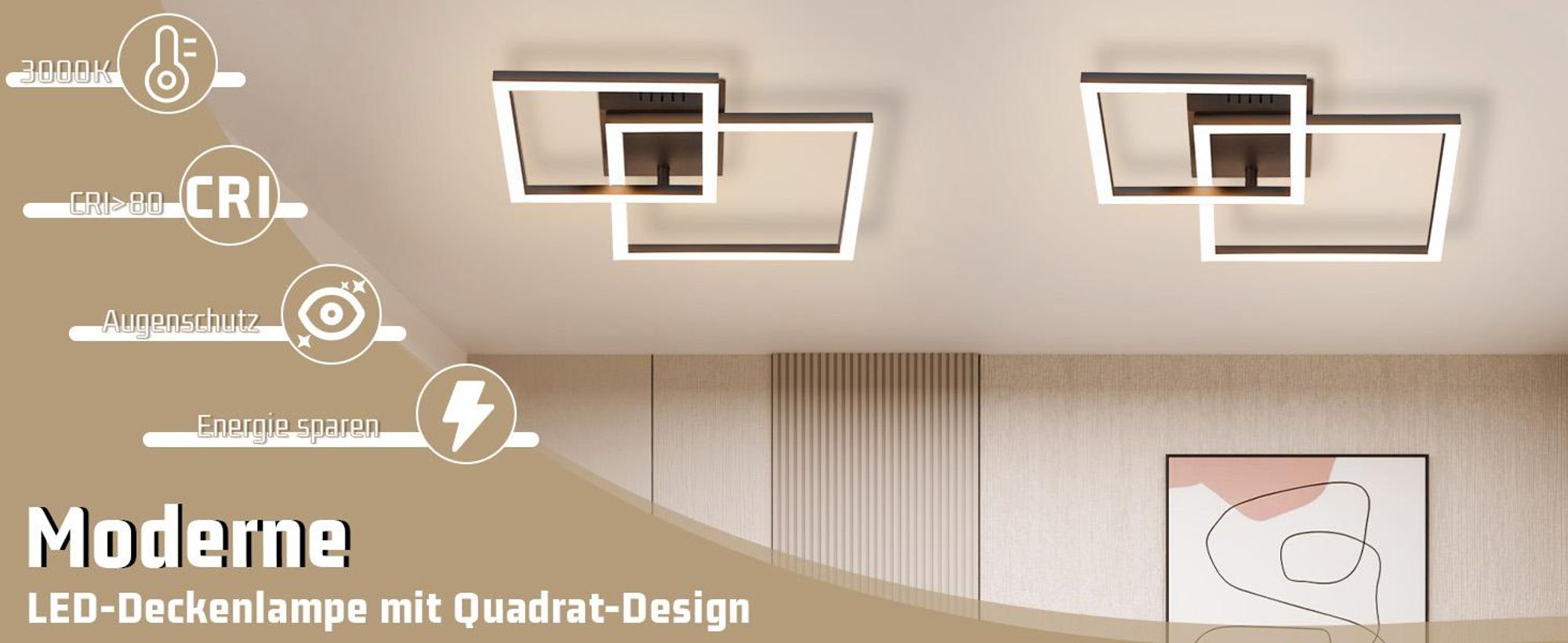 ZMH LED plafondlamp, zwart, rechthoekig. Plafondlamp, 20W, warm wit licht. Moderne design, geschikt voor slaapkamer, woonkamer, keuken. Plafondverlichting