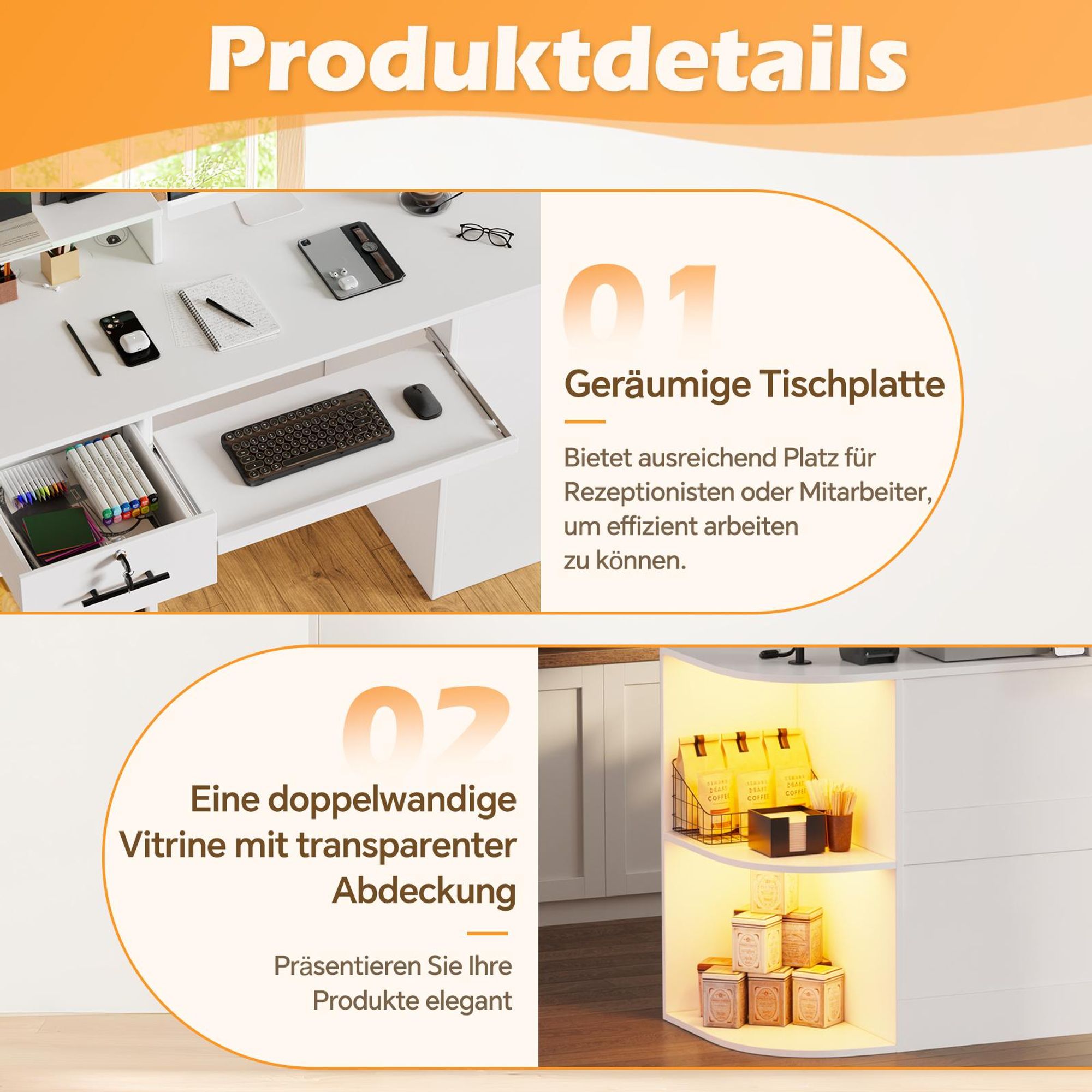 Empfangstheke mit LED-Beleuchtung, L-förmiger Empfangstresen mit Tastaturschublade &abschließbarem Stauraum,120 × 102,5 × 48 cm